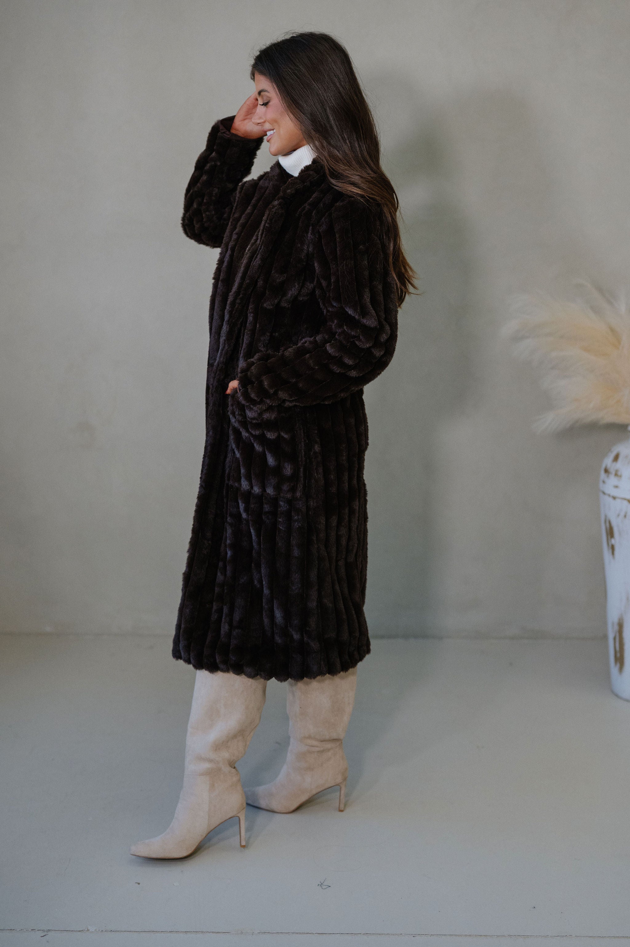 Devin Faux Fur Long Coat- Brown
