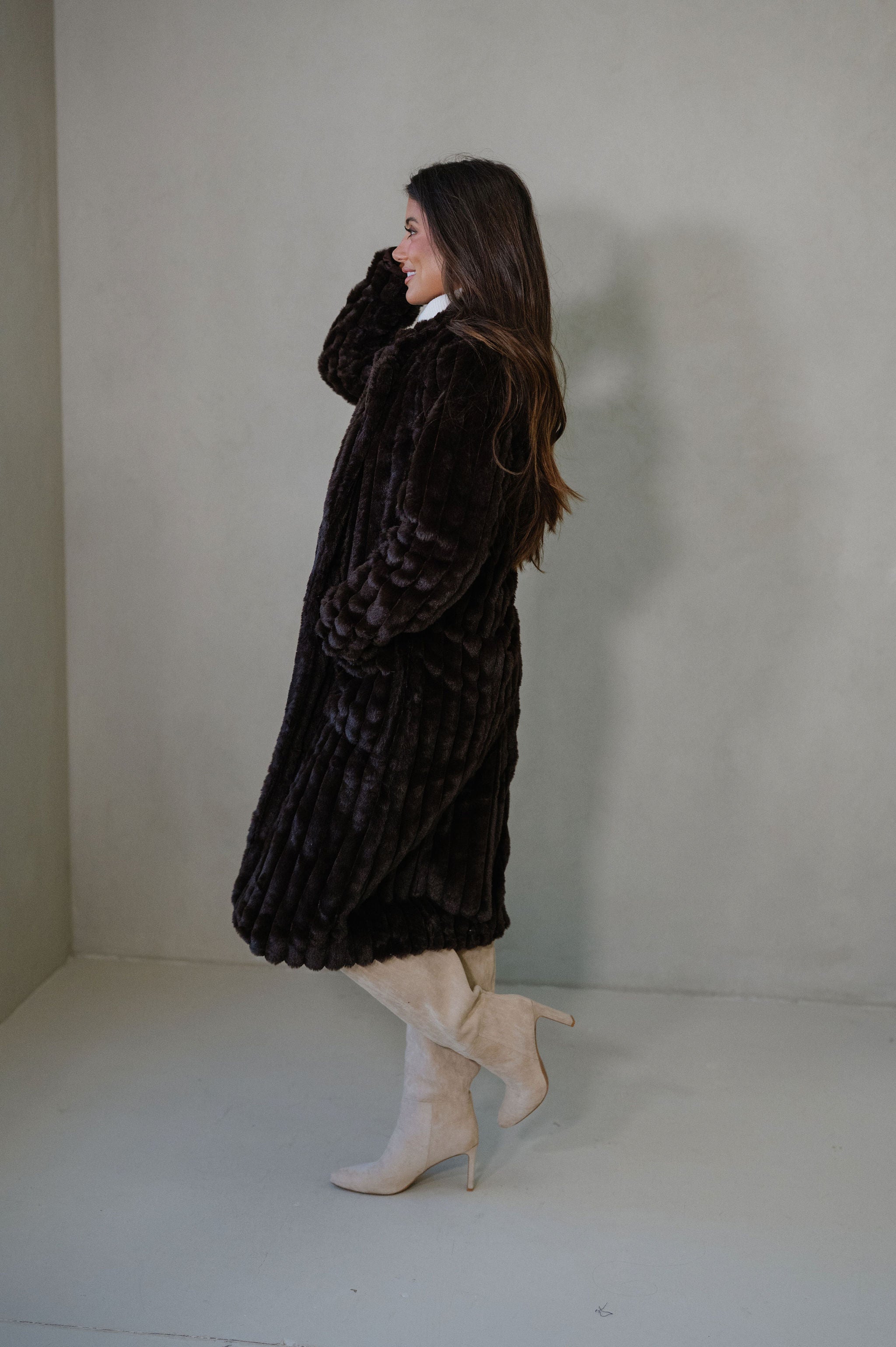 Devin Faux Fur Long Coat- Brown