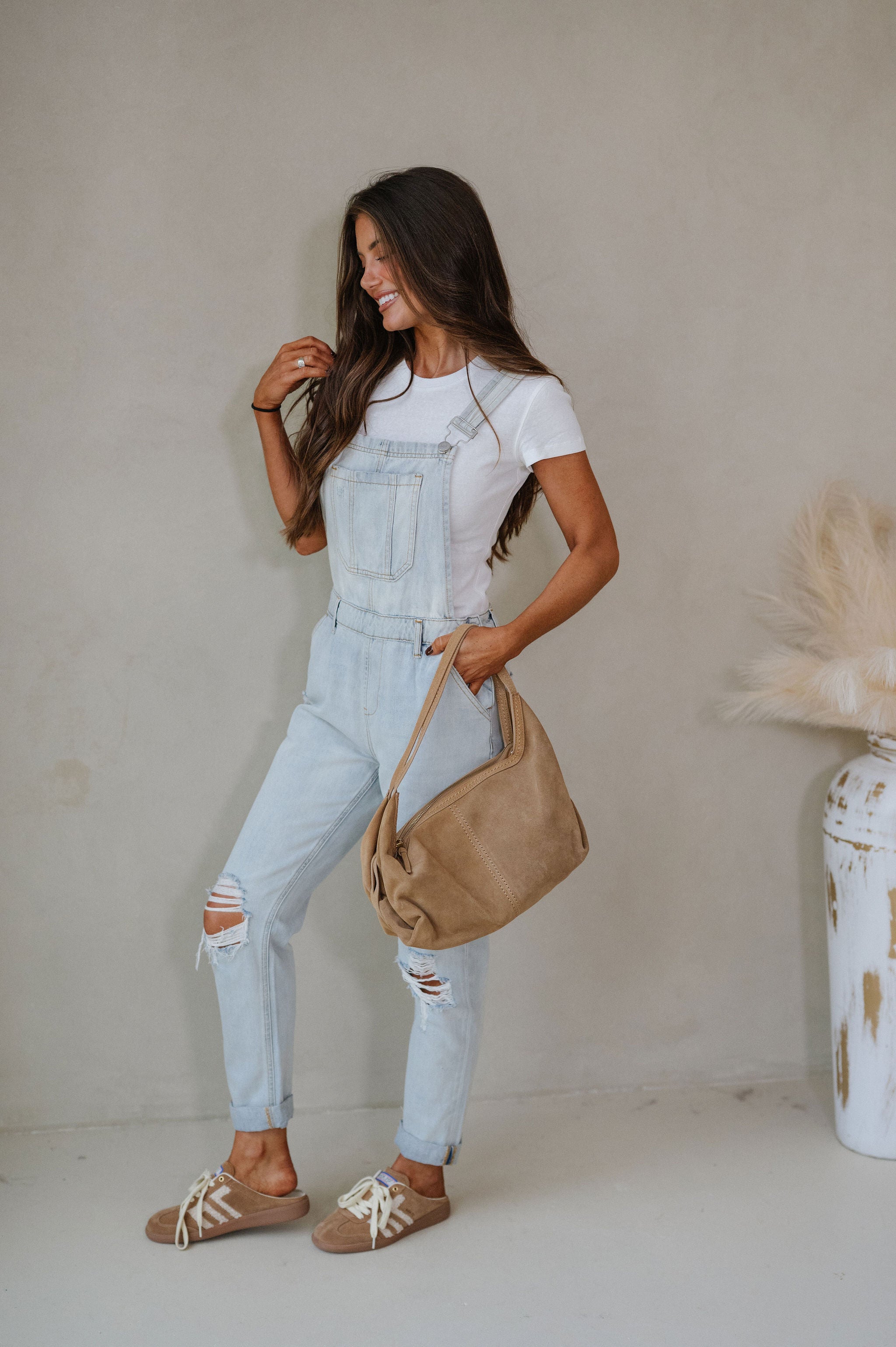 Distressed Oversized Overalls- Light Wash