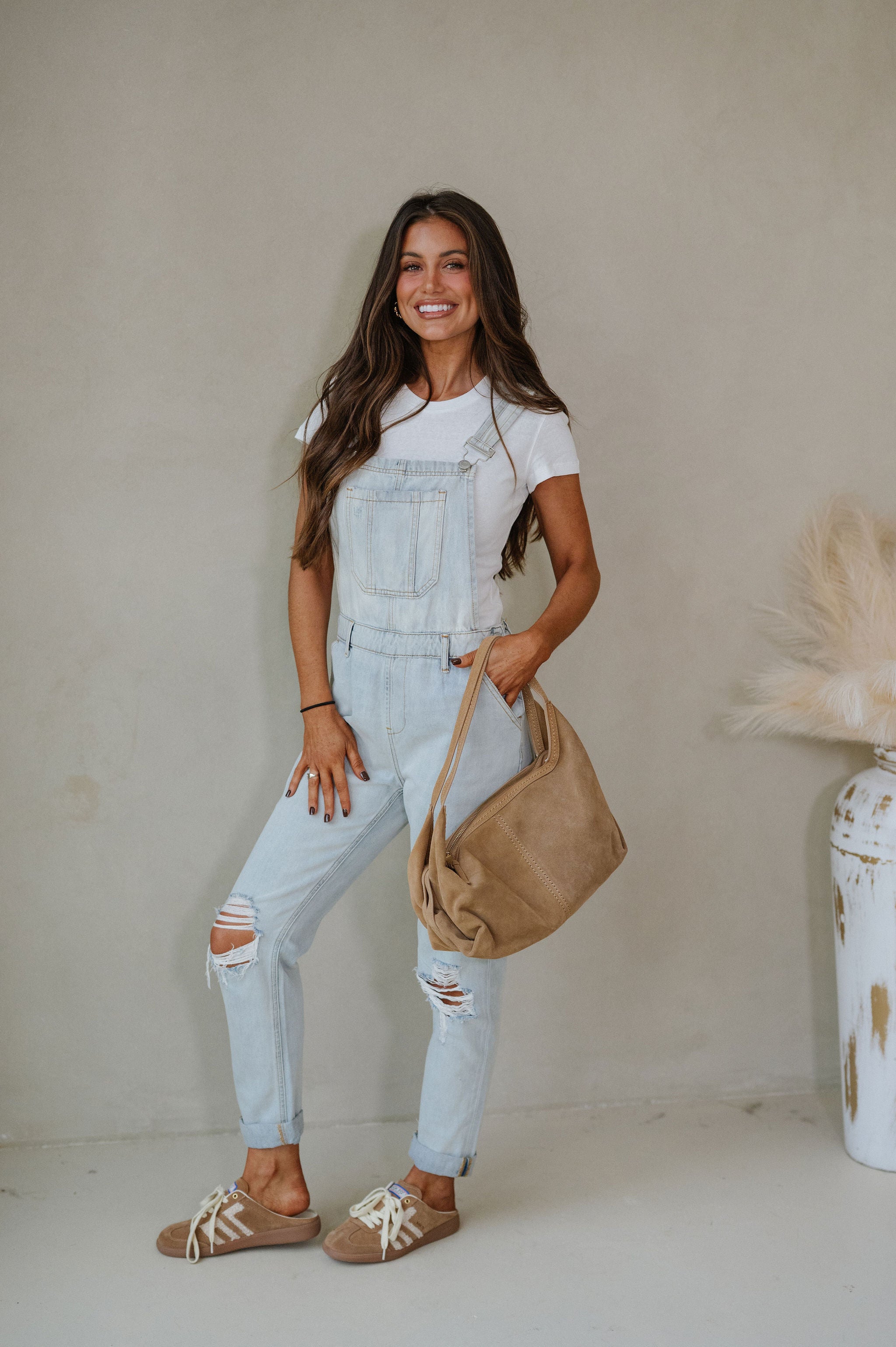 Distressed Oversized Overalls- Light Wash