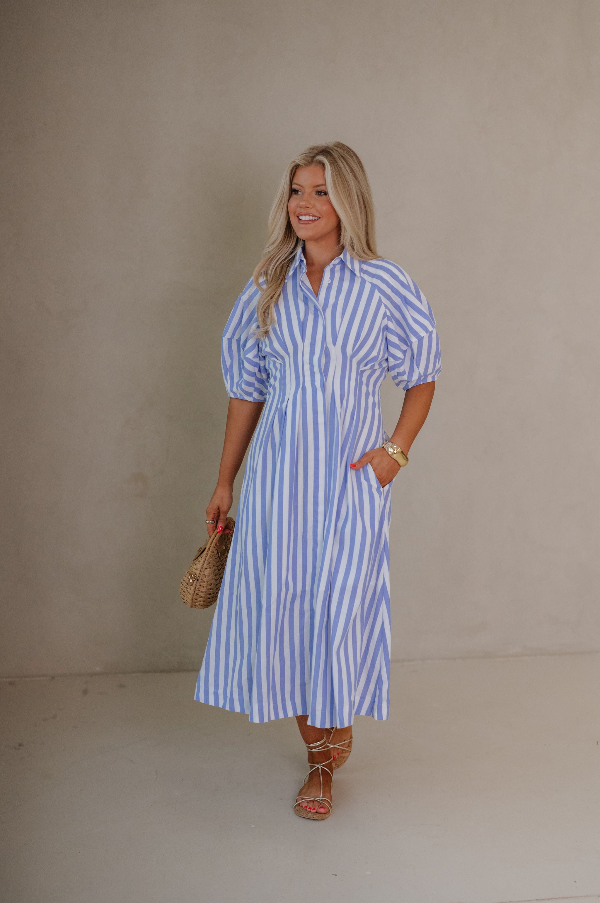Striped Midi Shirt Dress-Blue