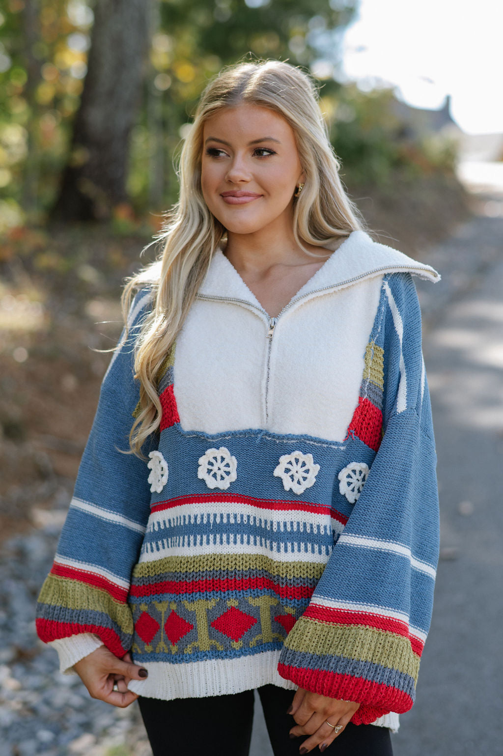 Chenille Quarter Zip Up Sweater- Blue Multi