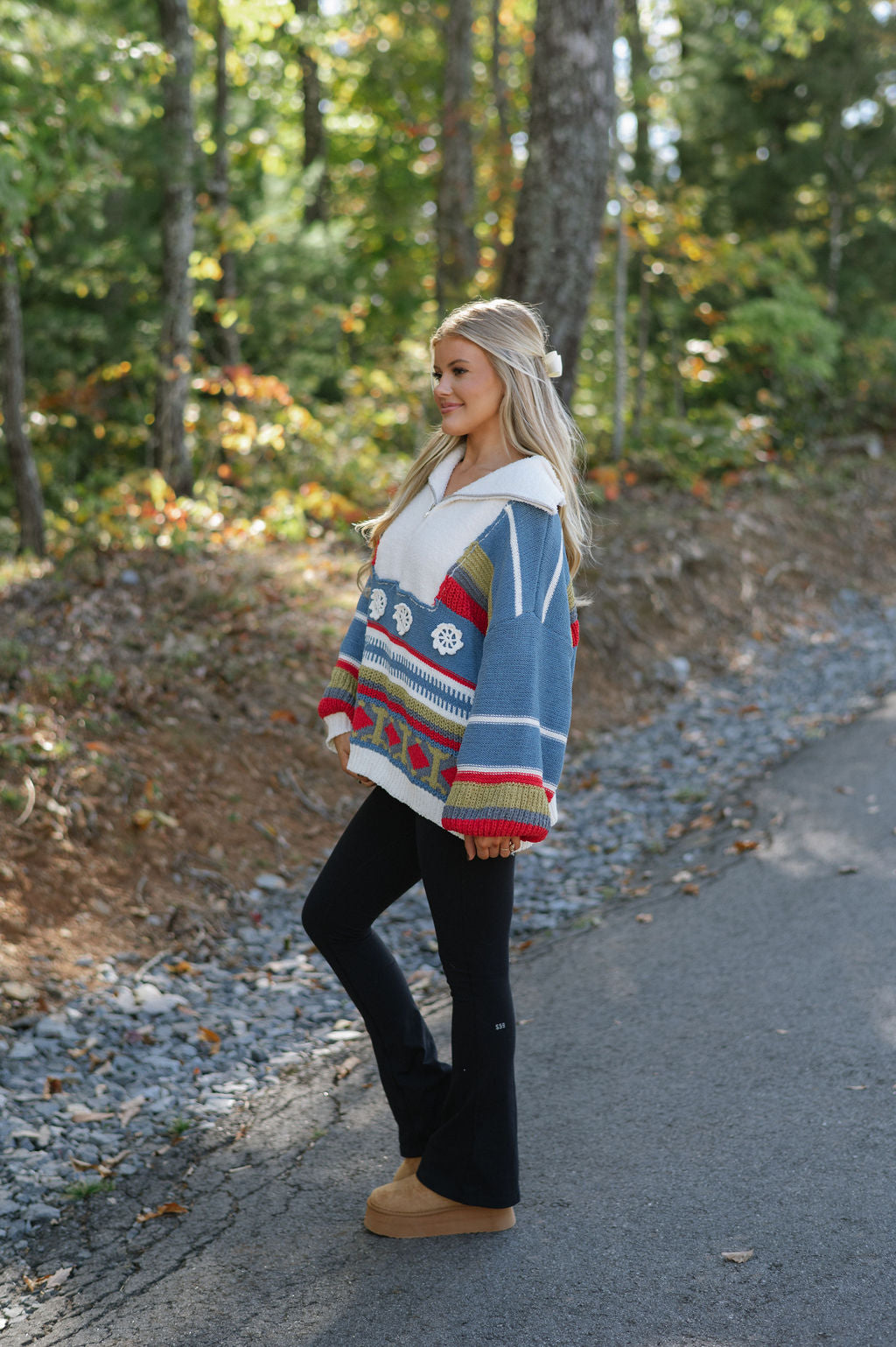 Chenille Quarter Zip Up Sweater- Blue Multi