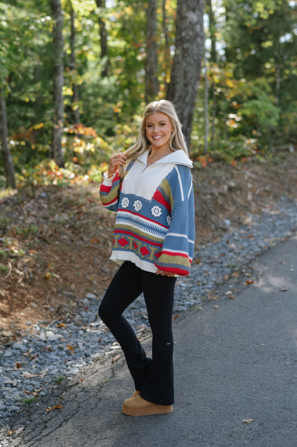 Chenille Quarter Zip Up Sweater- Blue Multi