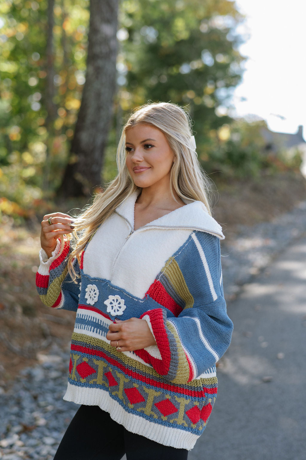 Chenille Quarter Zip Up Sweater- Blue Multi