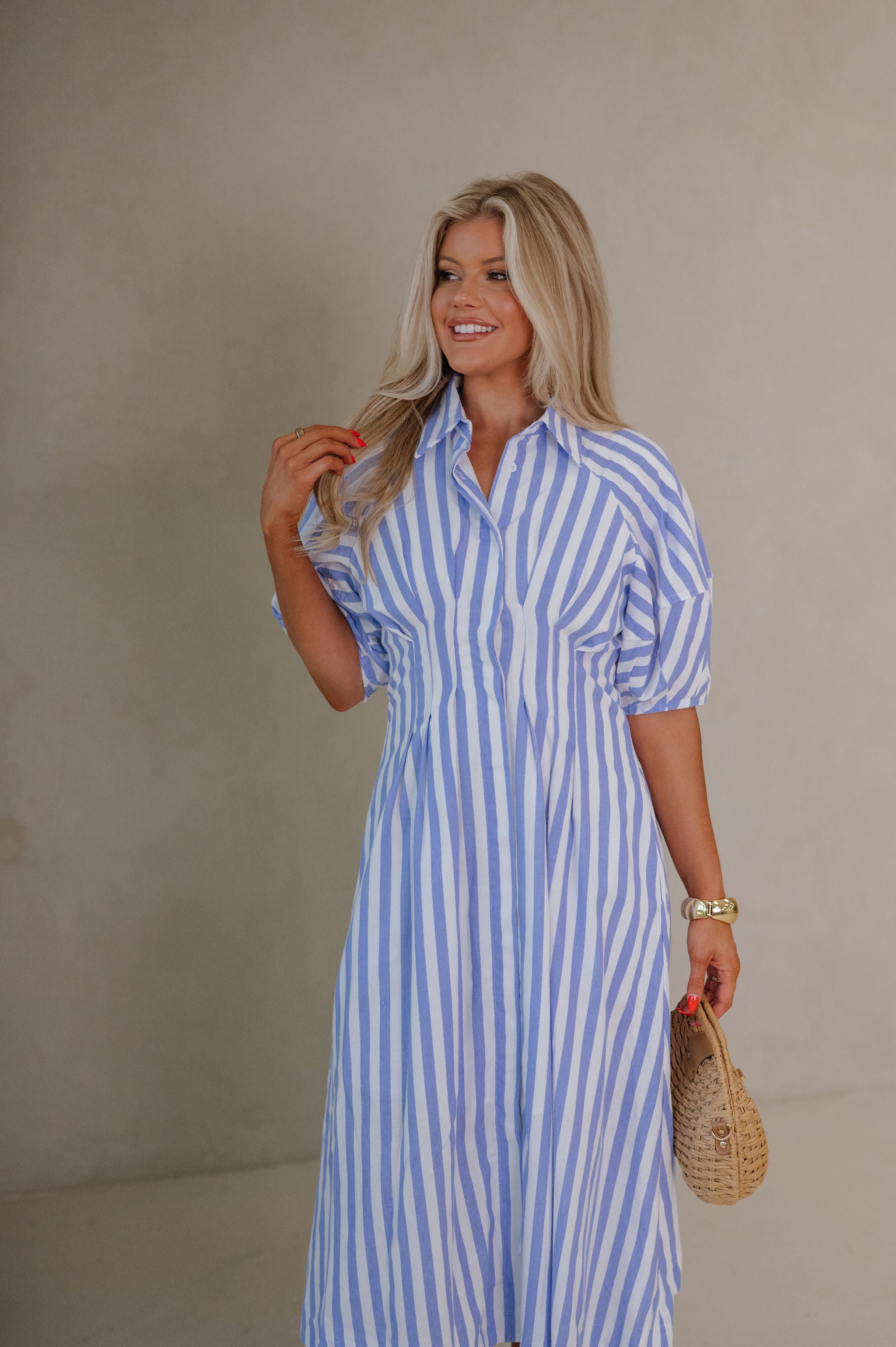 Striped Midi Shirt Dress-Blue