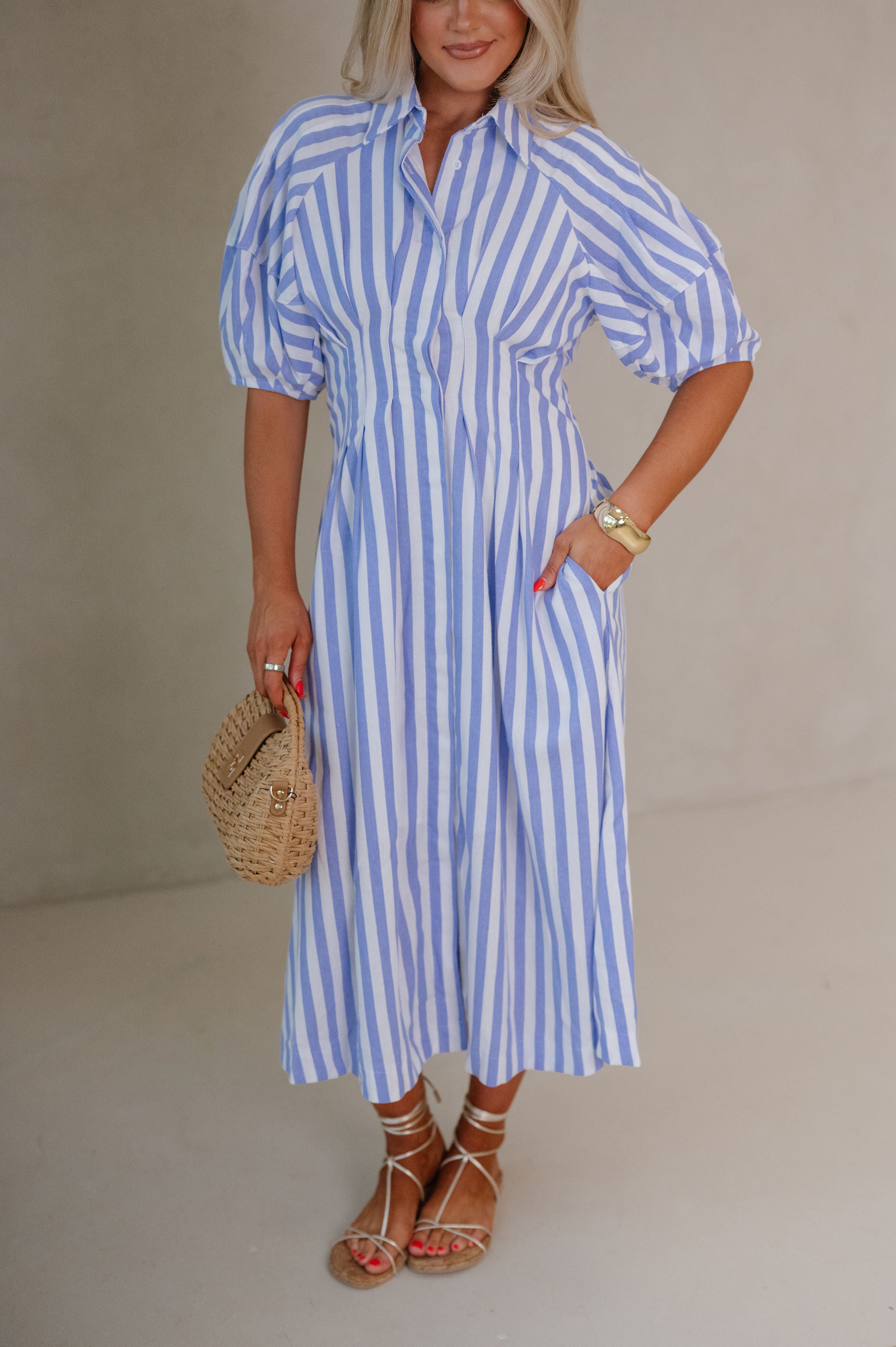 Striped Midi Shirt Dress-Blue
