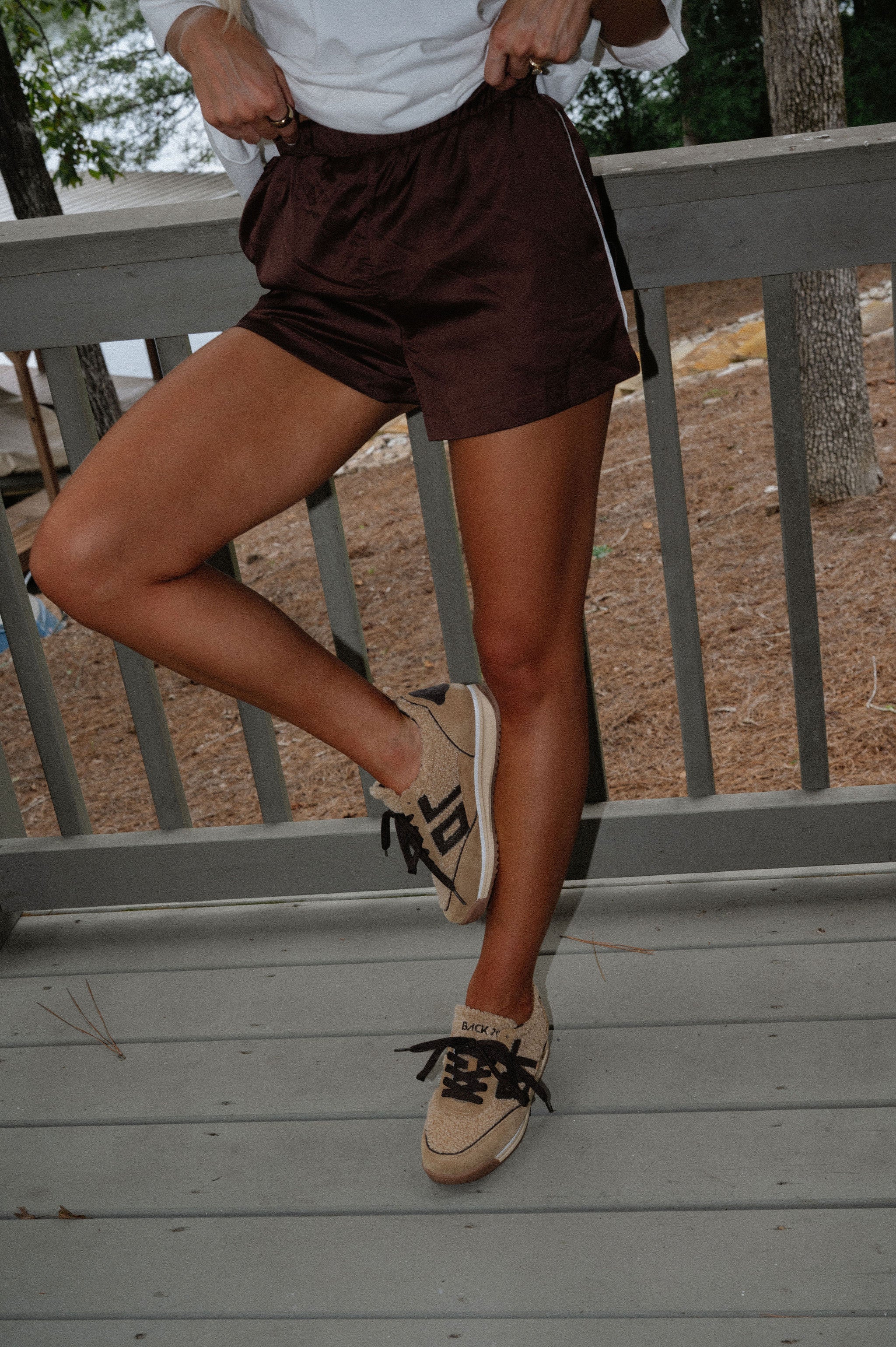 High Waisted Boxy Shorts-Brown/White