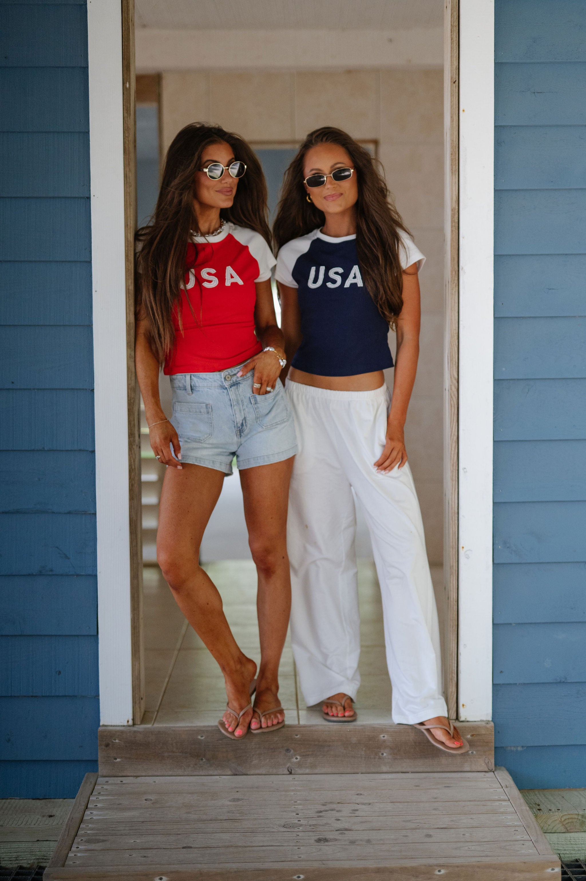 "USA" Color Block Baby Tee-Red/White
