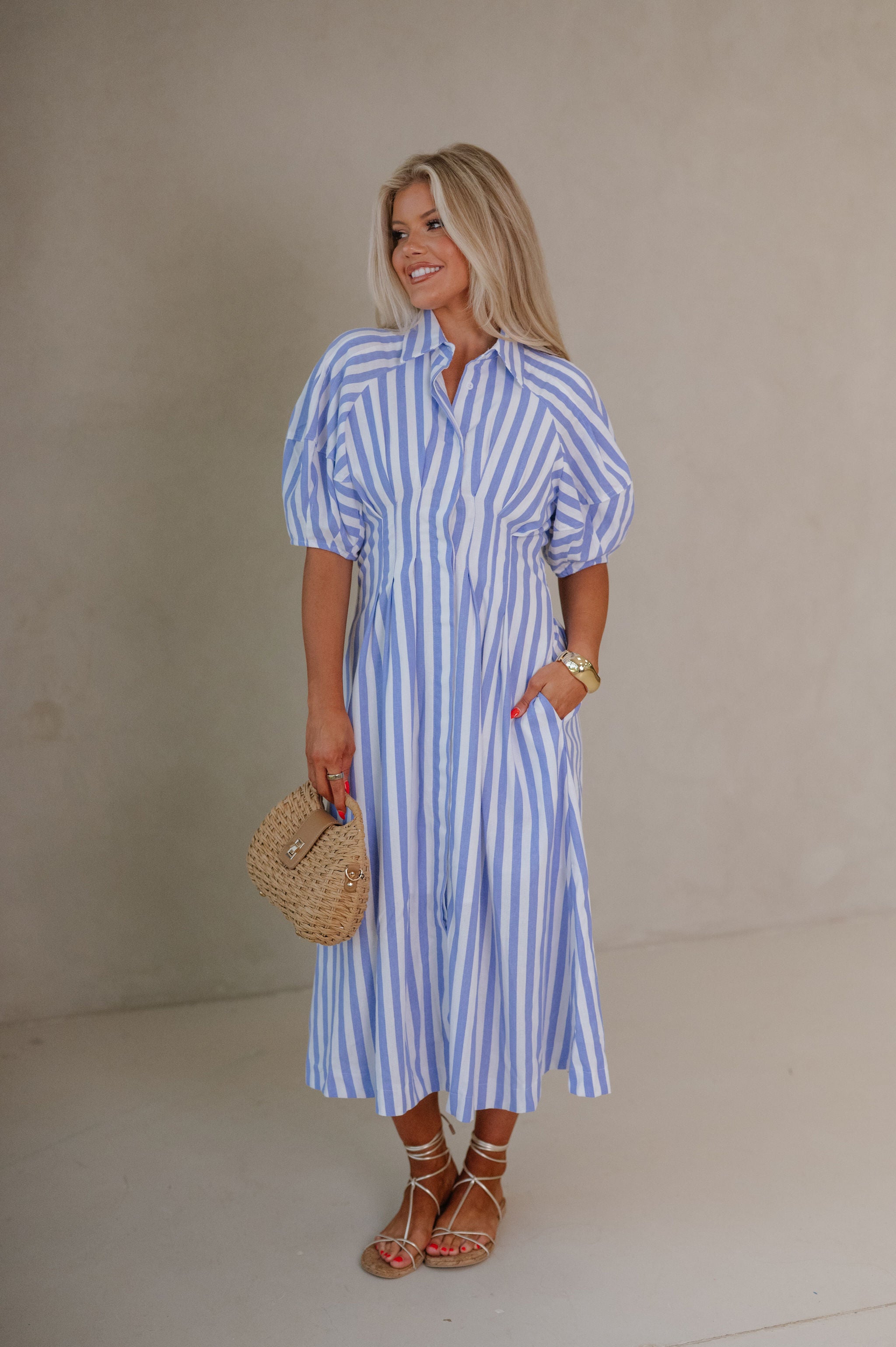 Striped Midi Shirt Dress-Blue