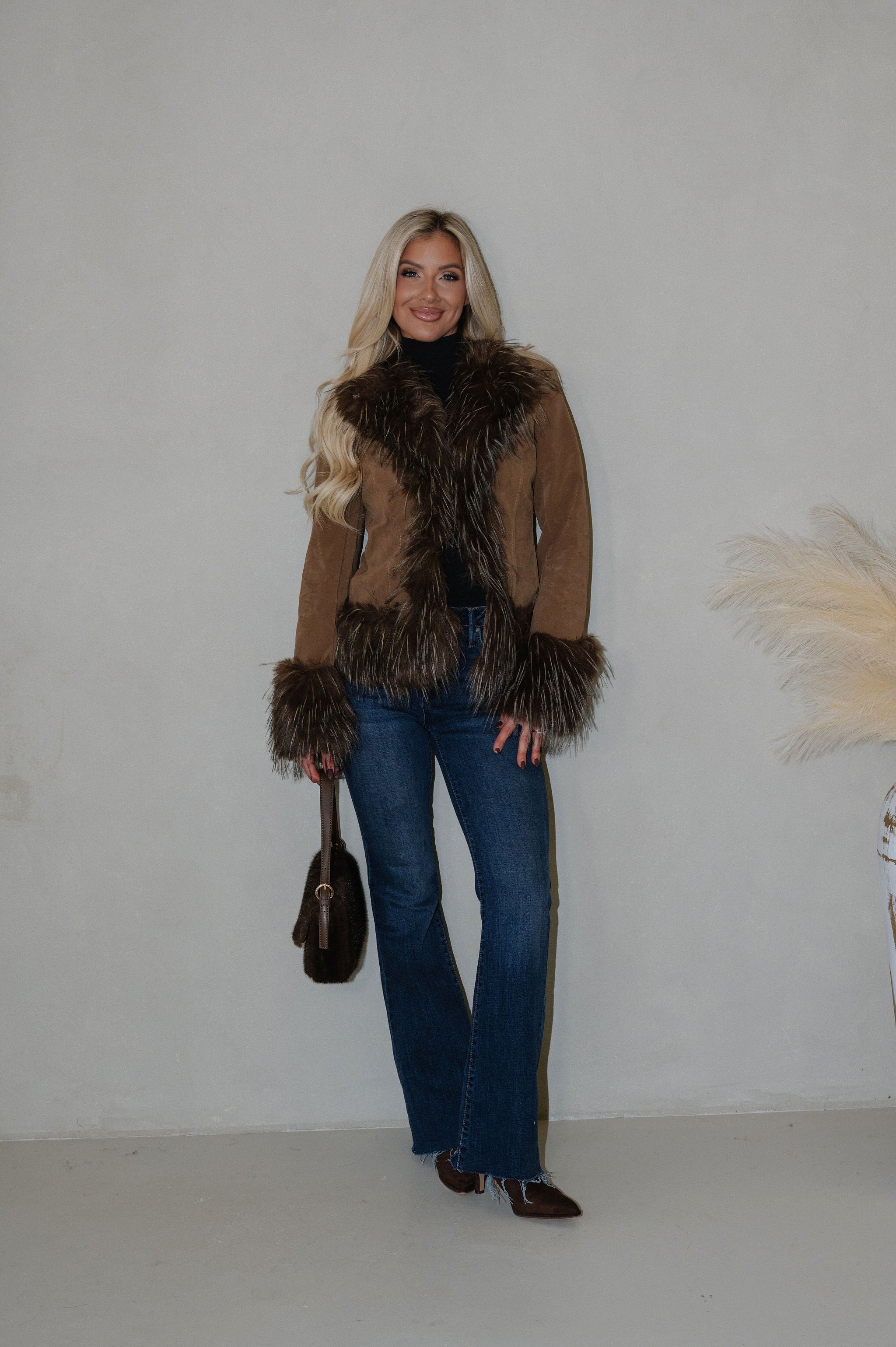 Faux Suede Fur Trim Jacket-Java