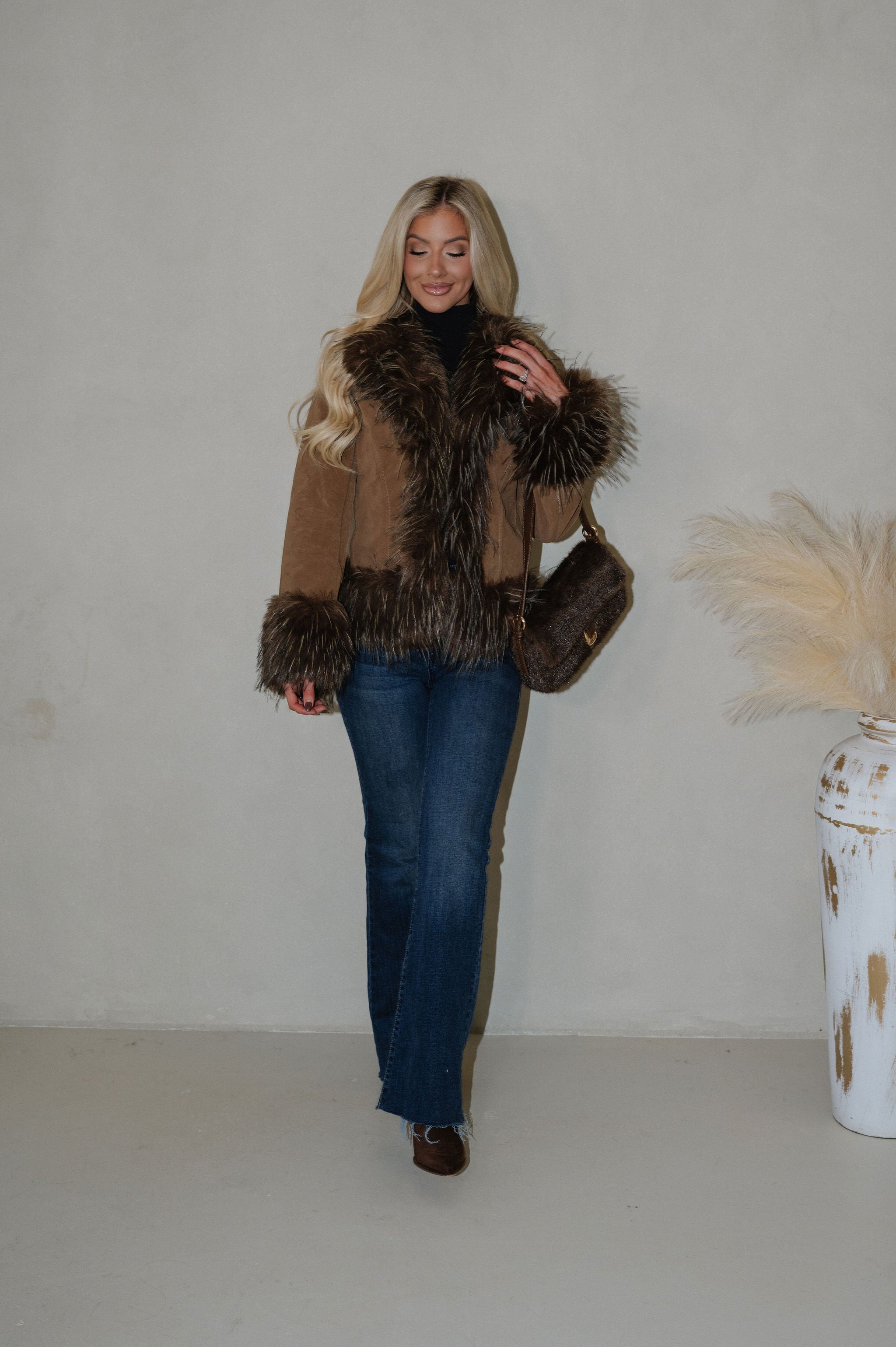 Faux Suede Fur Trim Jacket-Java