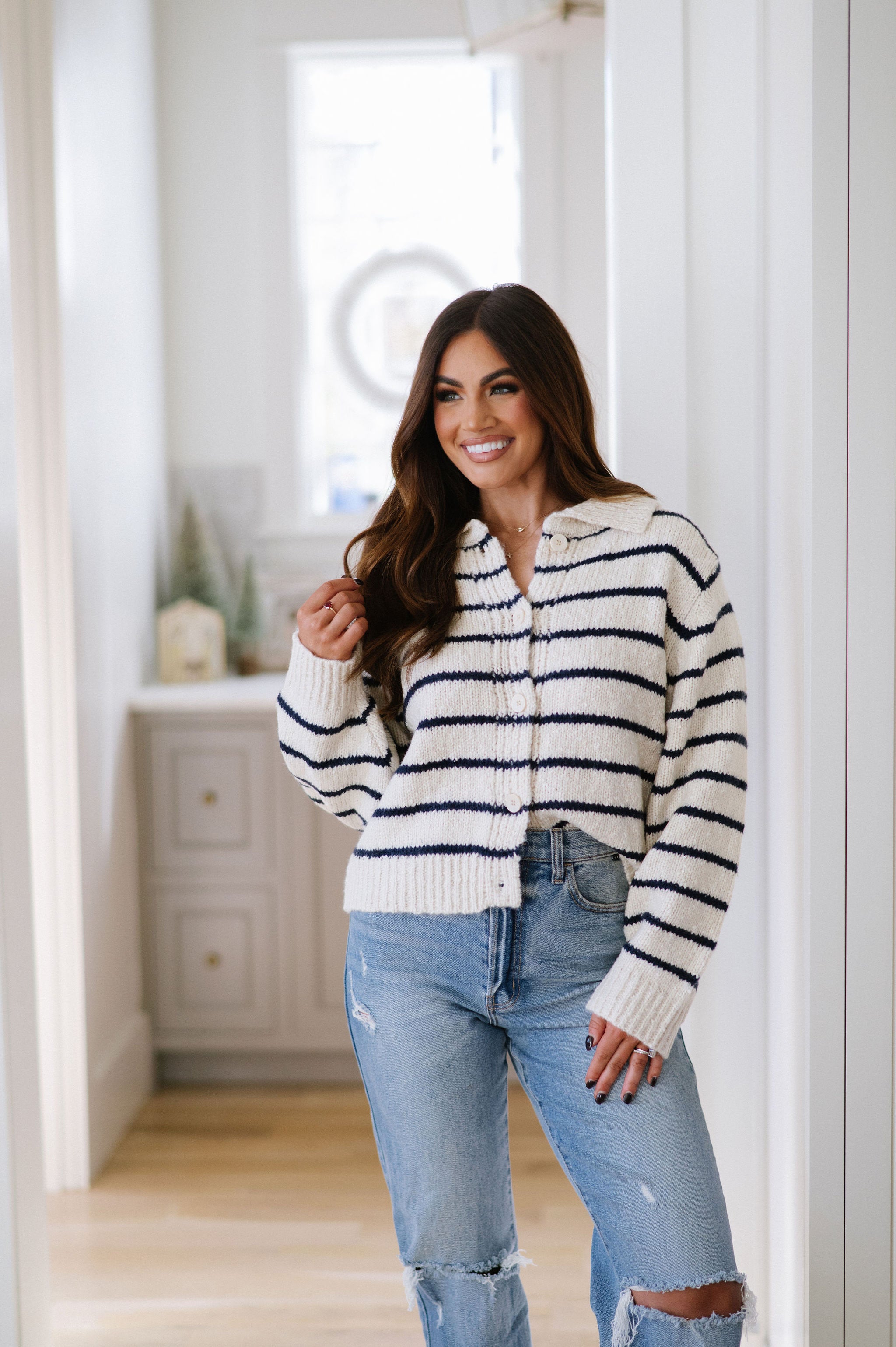 Striped Button Knit Cardigan- Navy