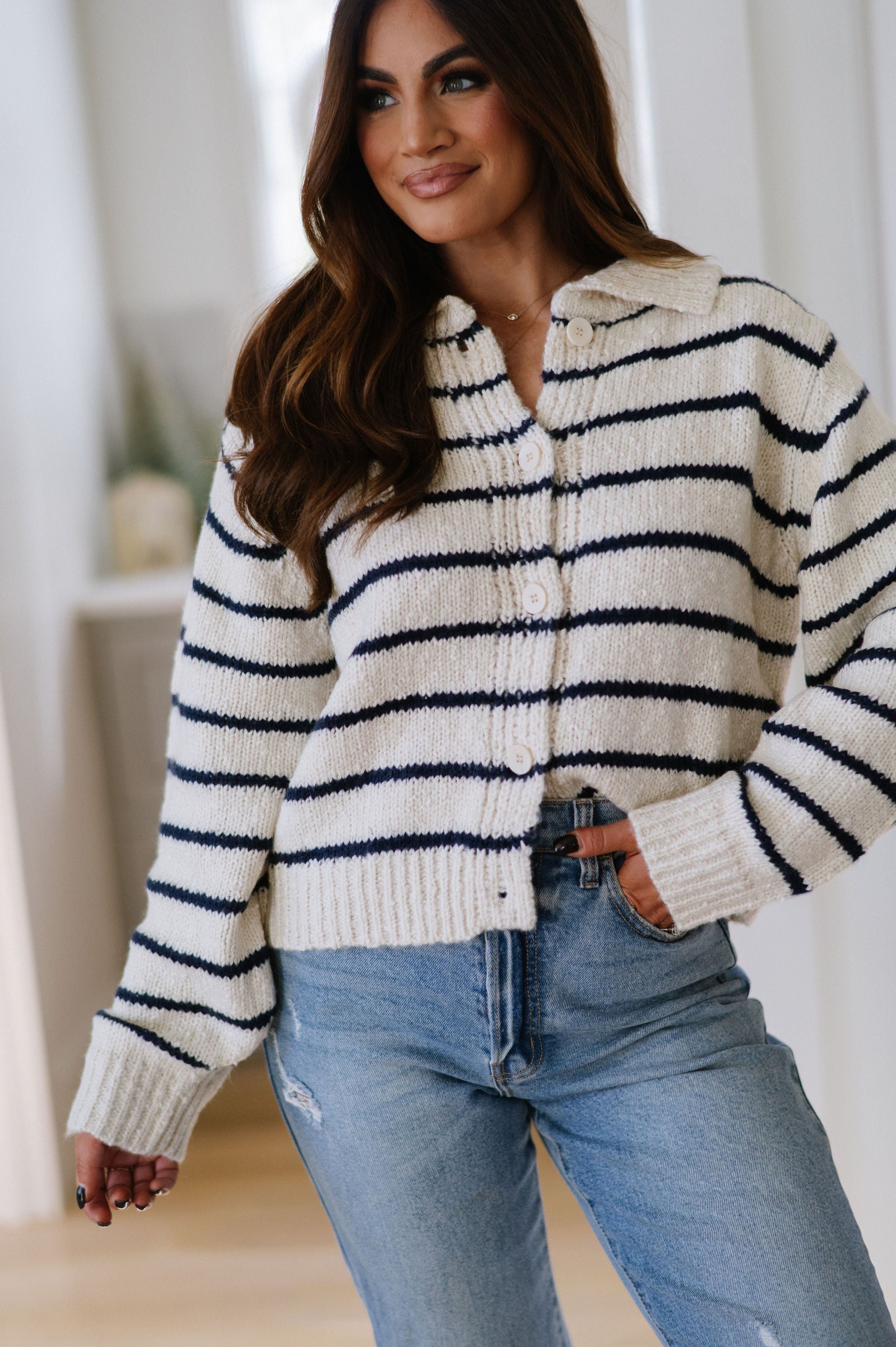 Striped Button Knit Cardigan- Navy