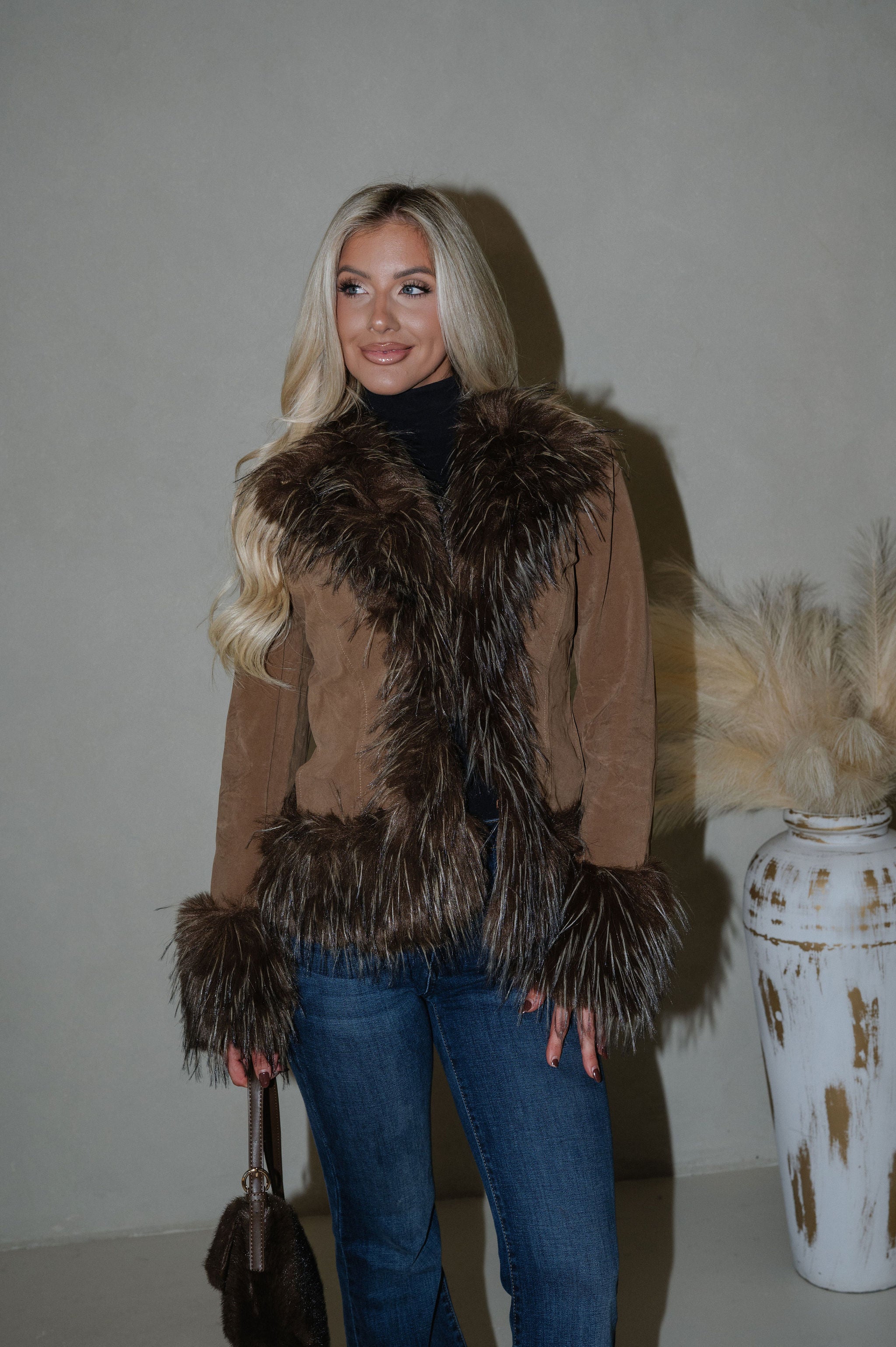 Faux Suede Fur Trim Jacket-Java