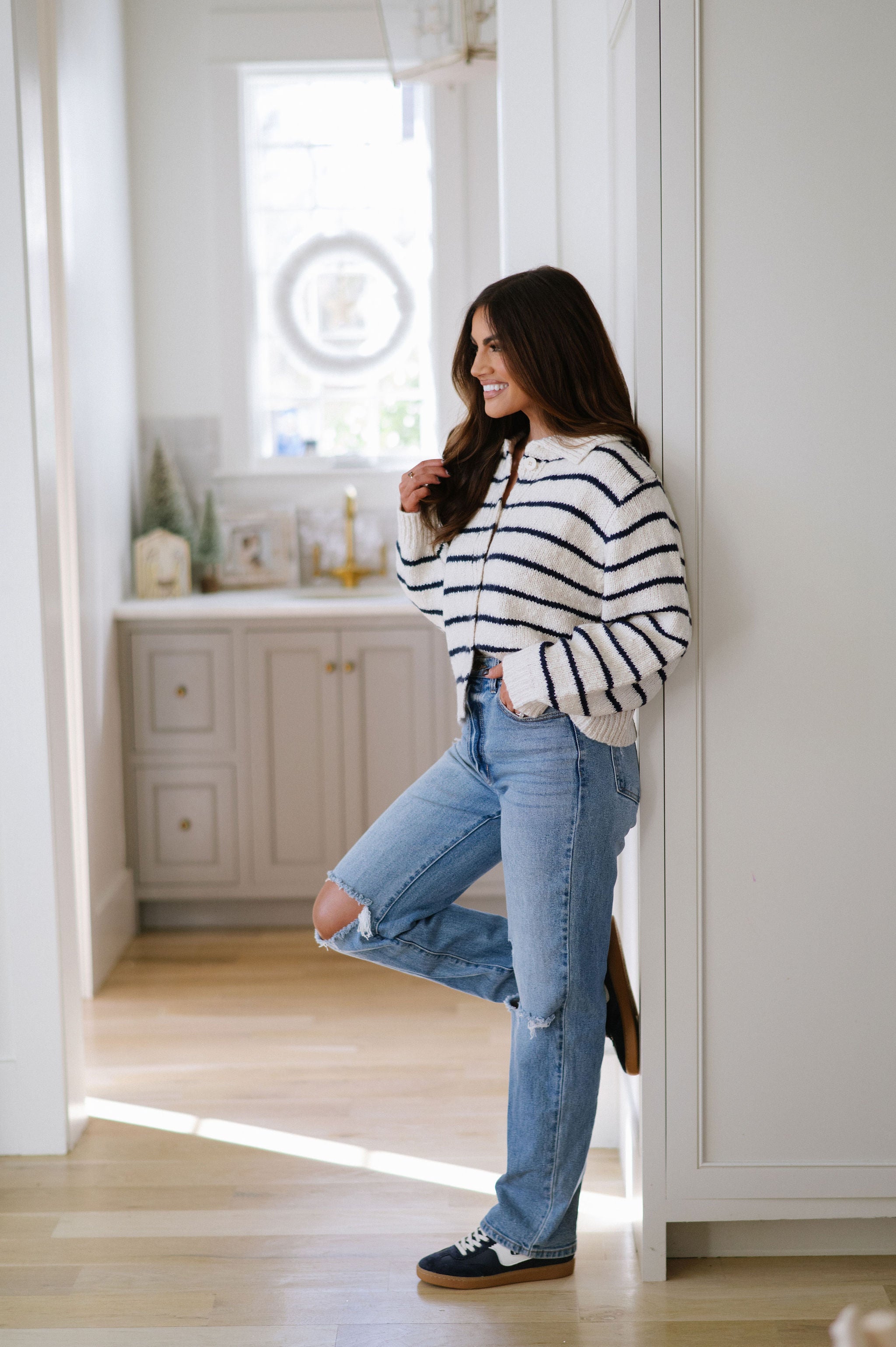 Striped Button Knit Cardigan- Navy