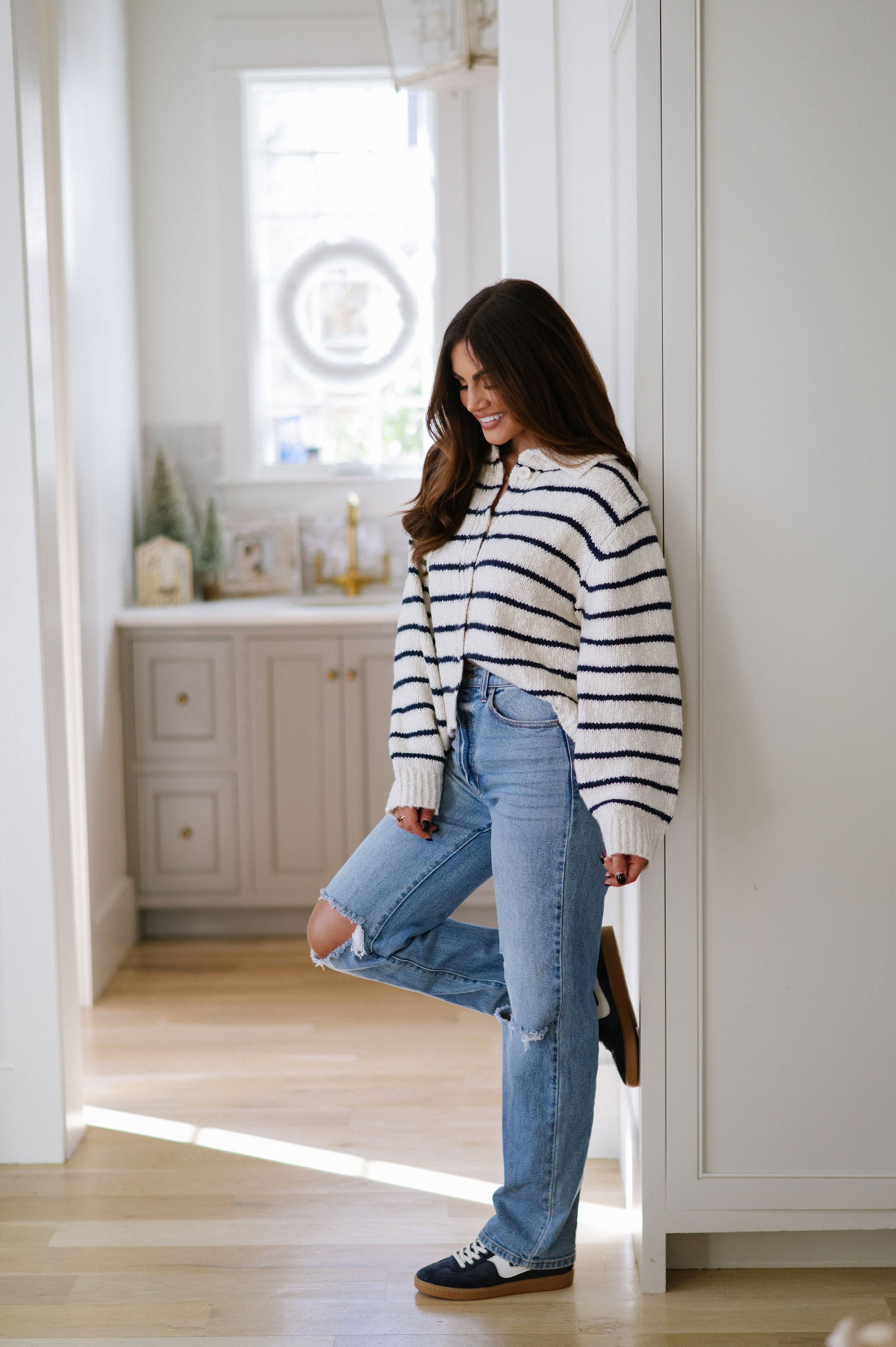 Striped Button Knit Cardigan- Navy