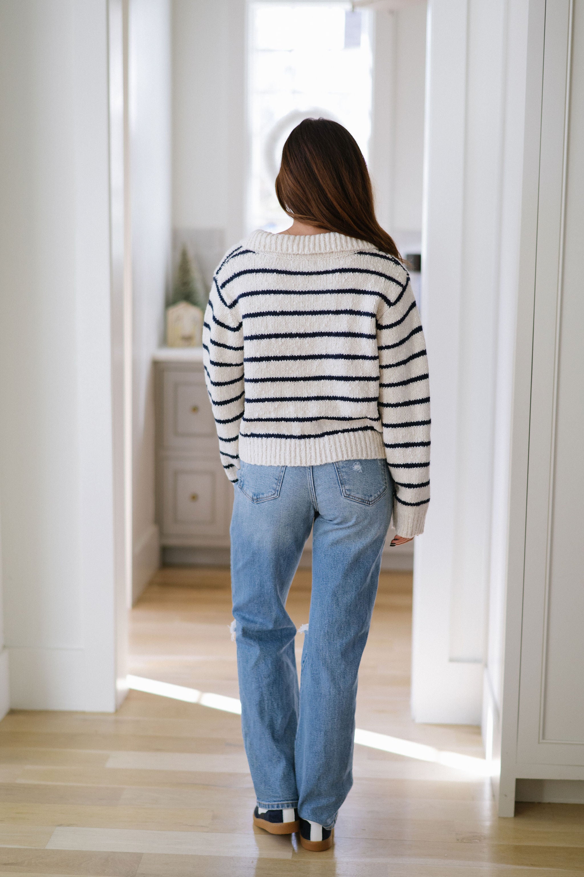 Striped Button Knit Cardigan- Navy