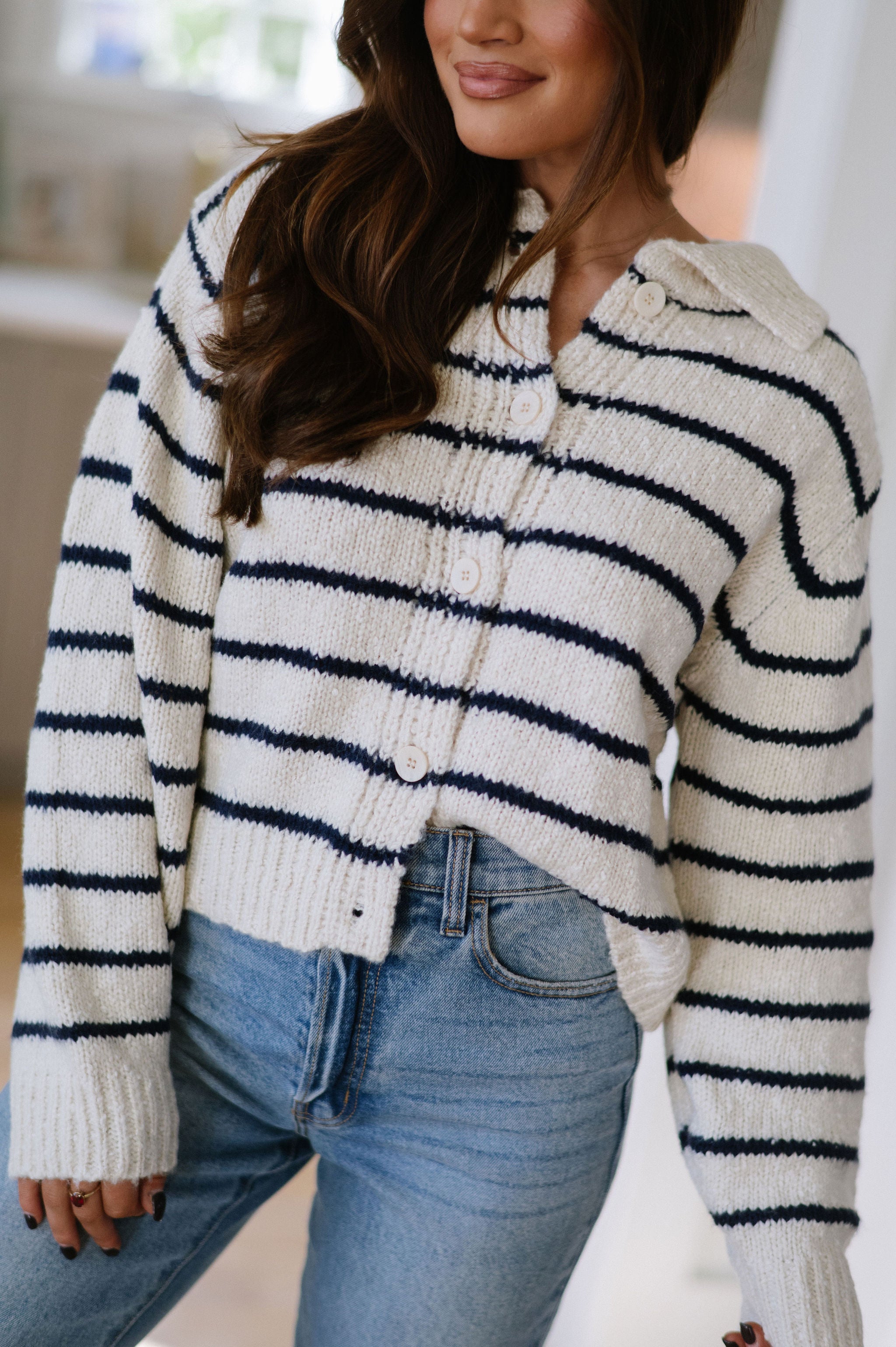 Striped Button Knit Cardigan- Navy