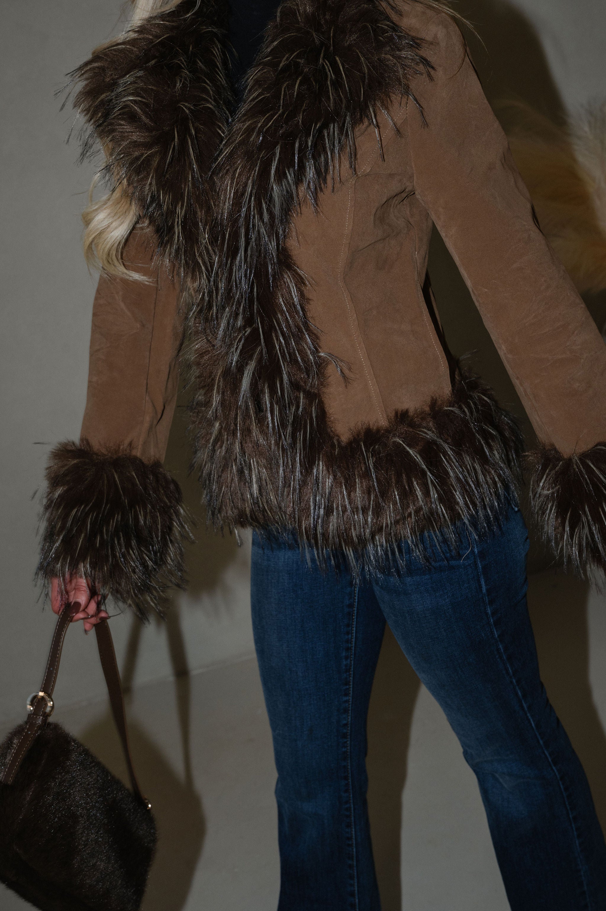 Faux Suede Fur Trim Jacket-Java