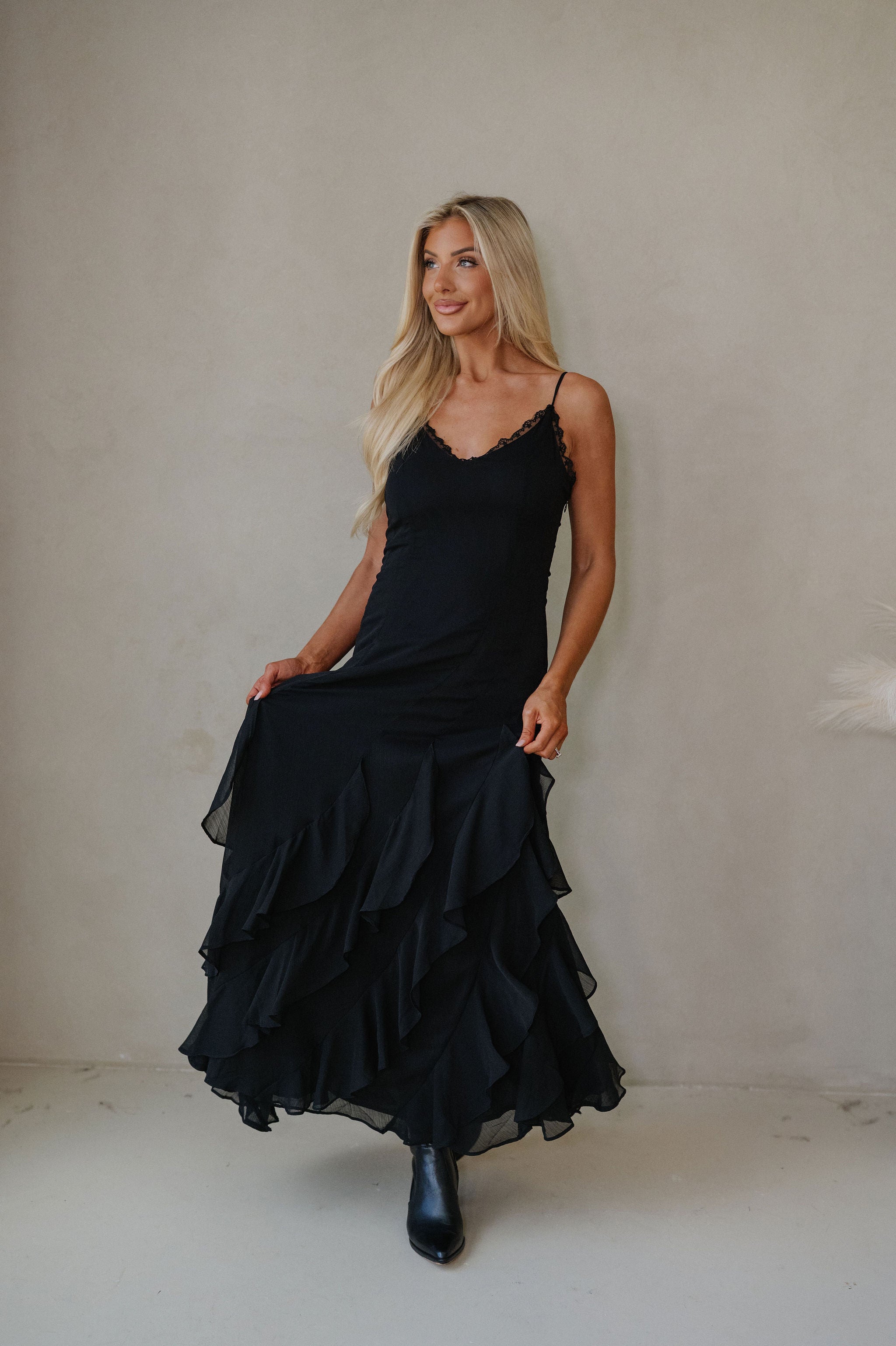 Lace V Neck Ruffled Cami Dress-Black