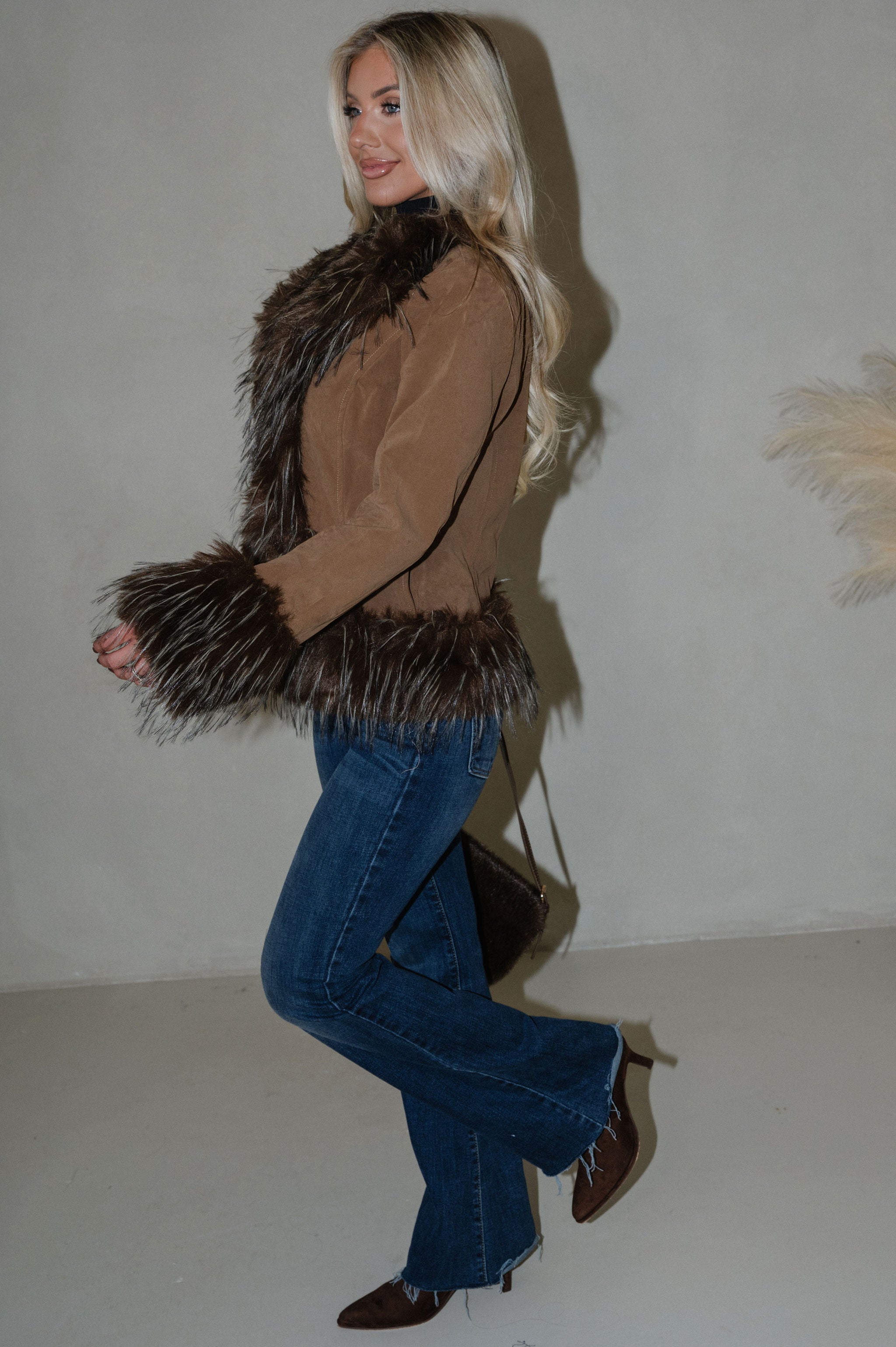 Faux Suede Fur Trim Jacket-Java