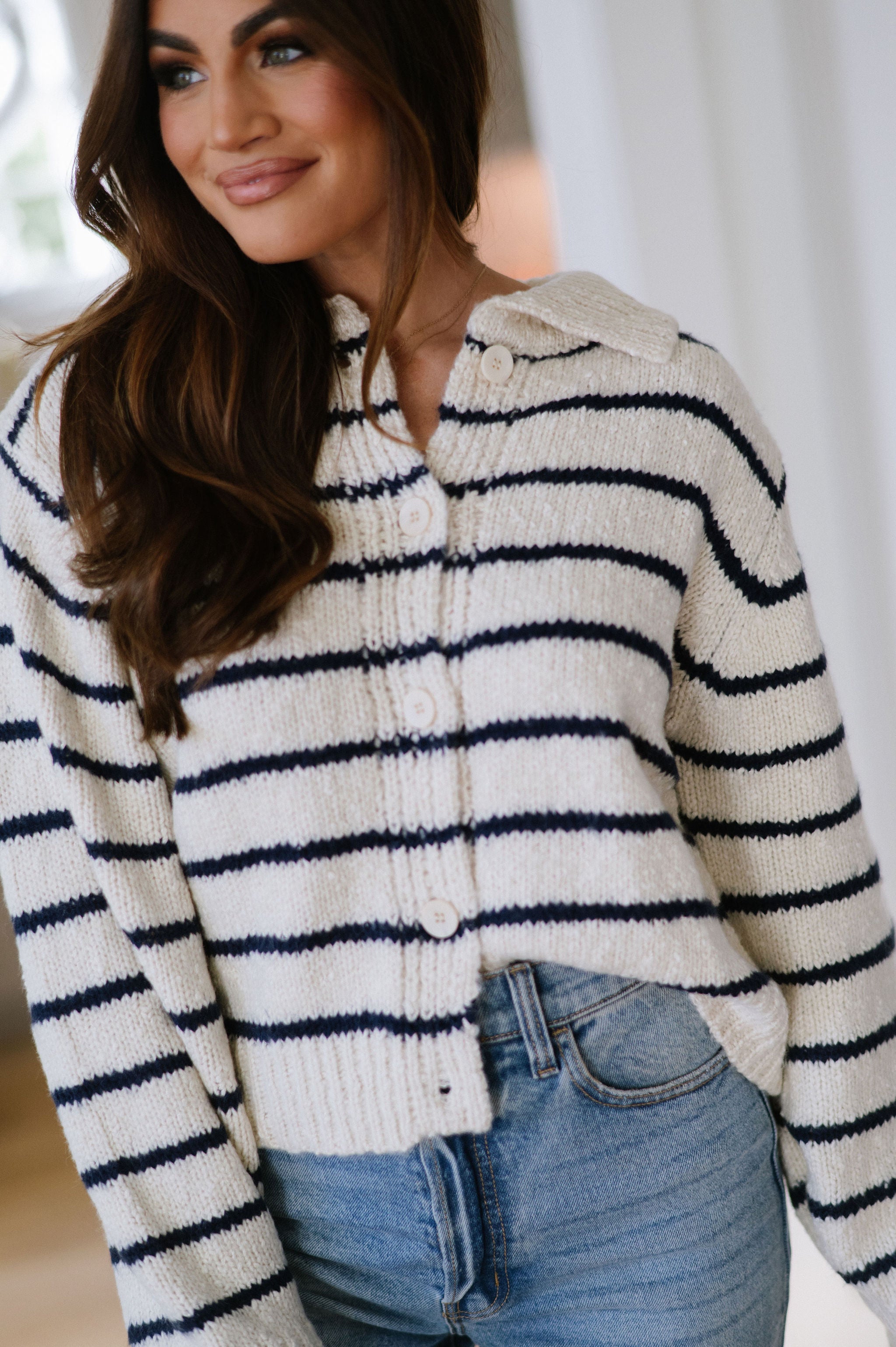 Striped Button Knit Cardigan- Navy