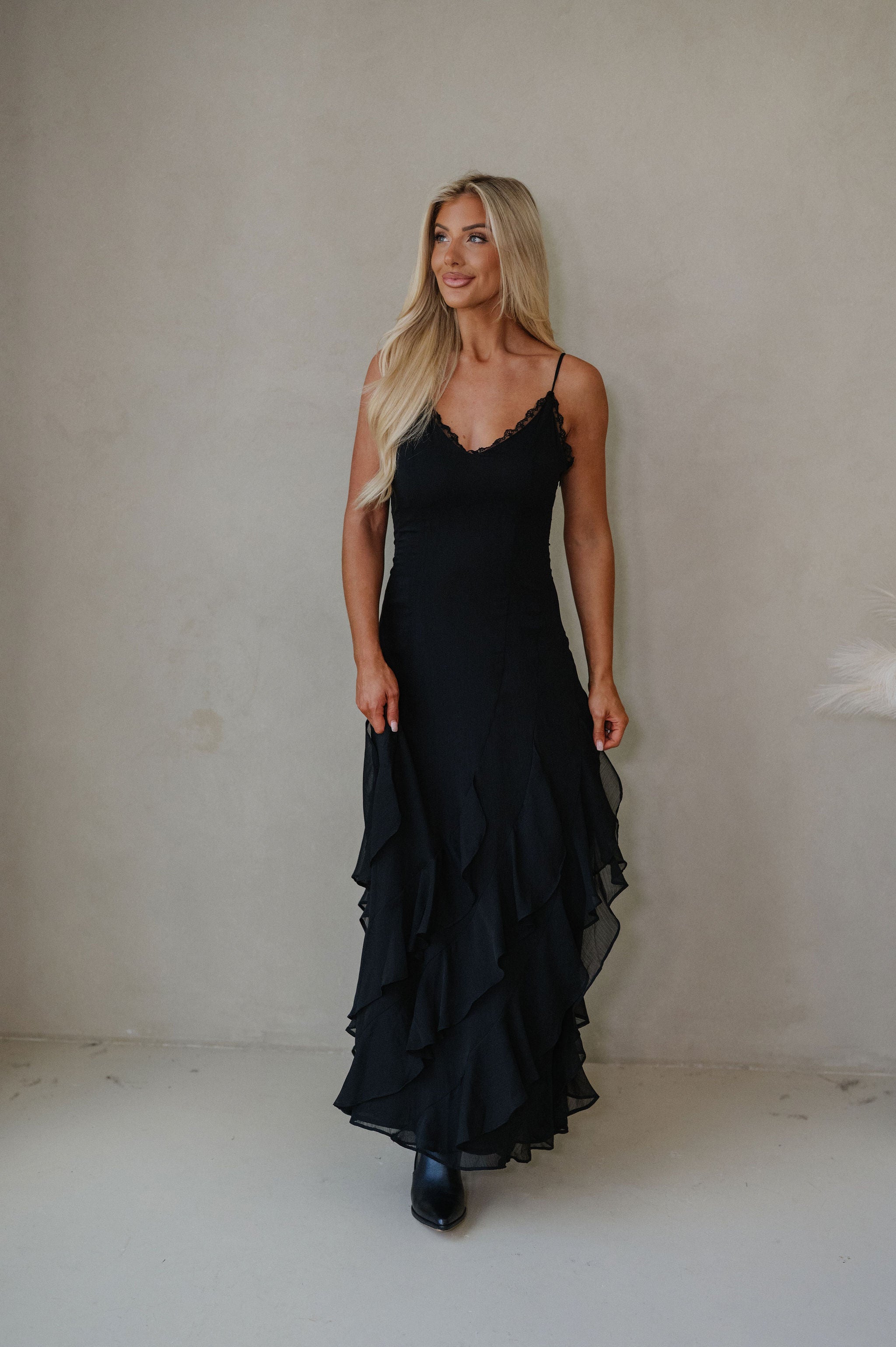 Lace V Neck Ruffled Cami Dress-Black