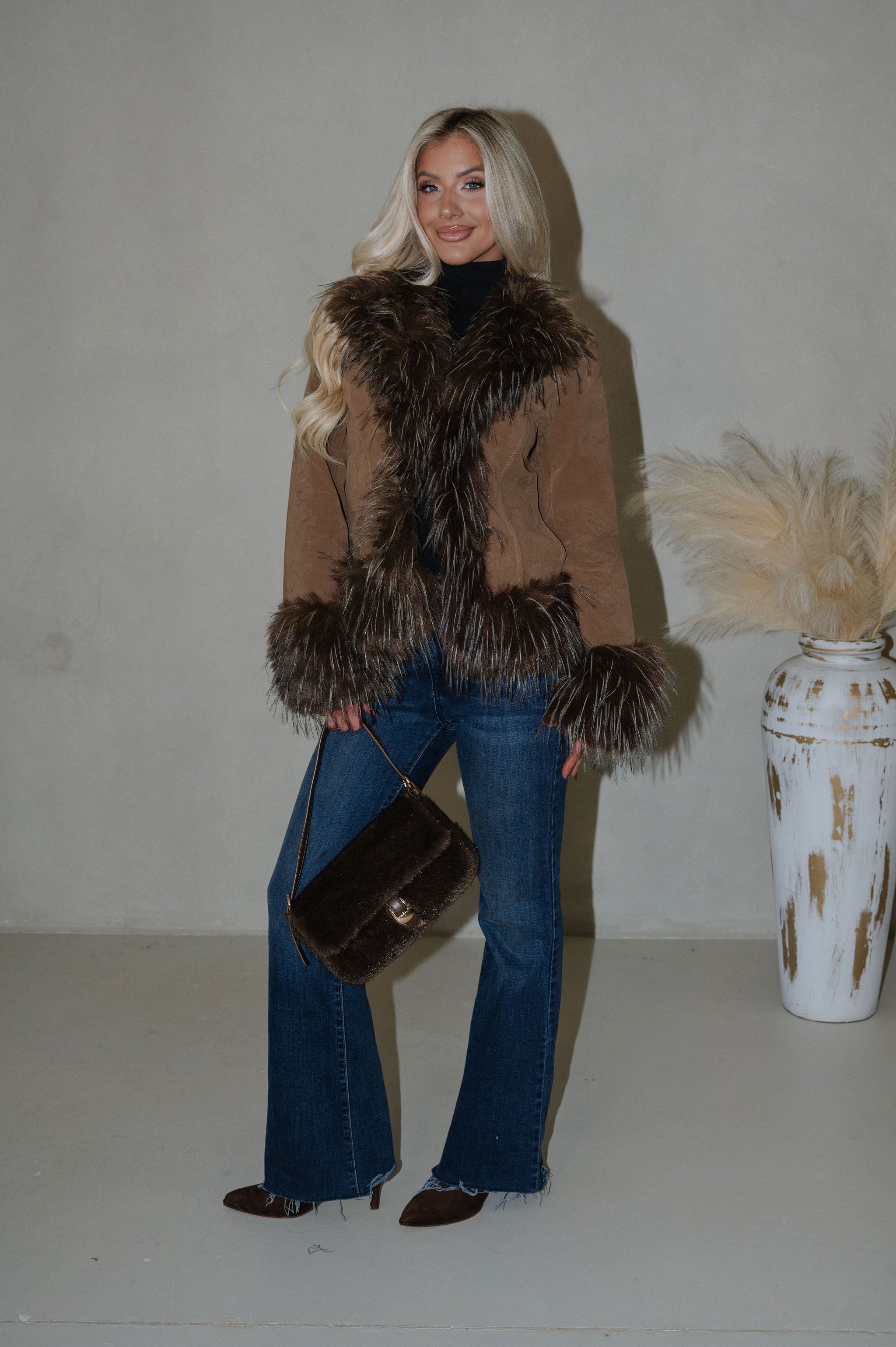 Faux Suede Fur Trim Jacket-Java