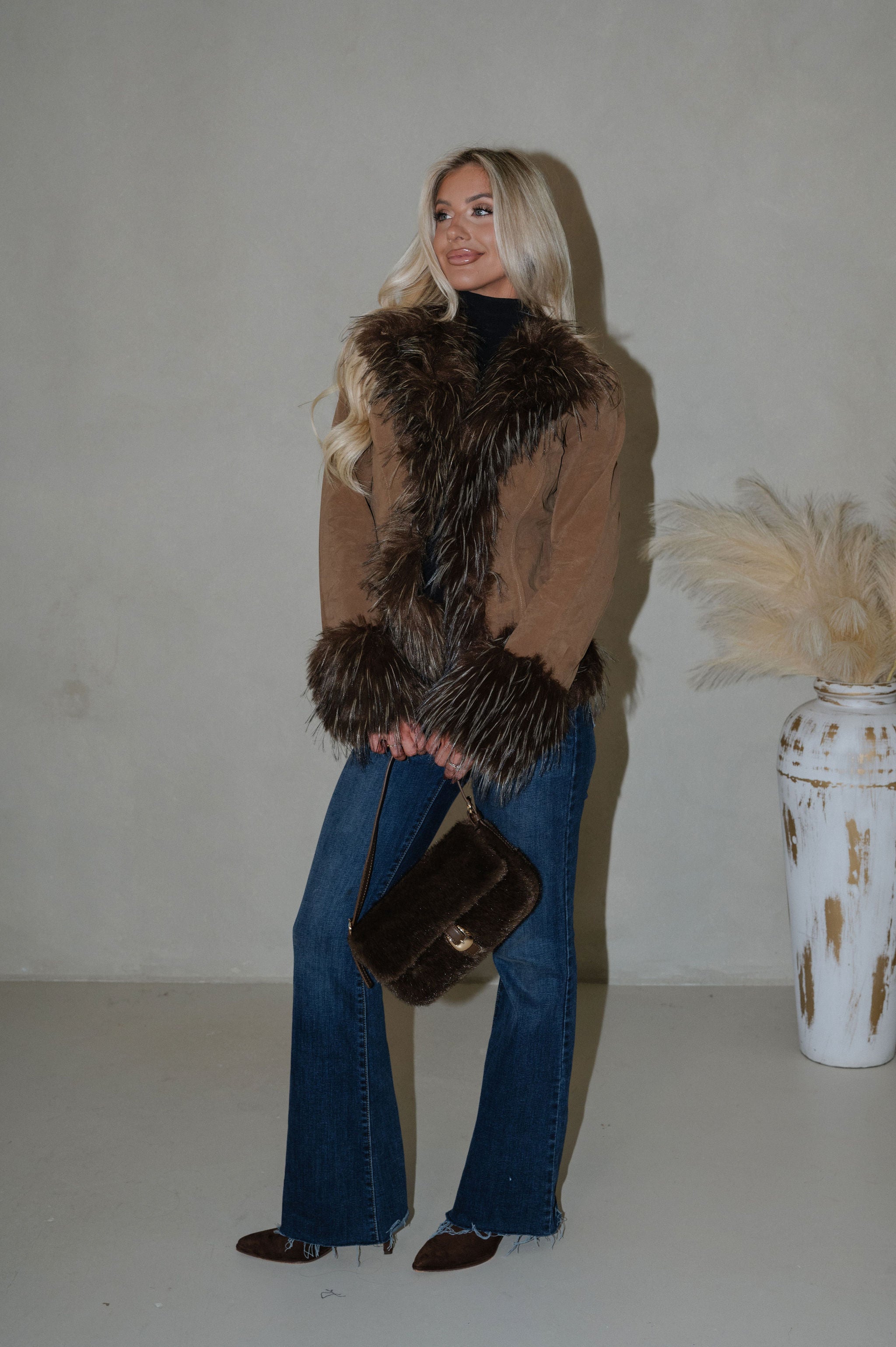 Faux Suede Fur Trim Jacket-Java