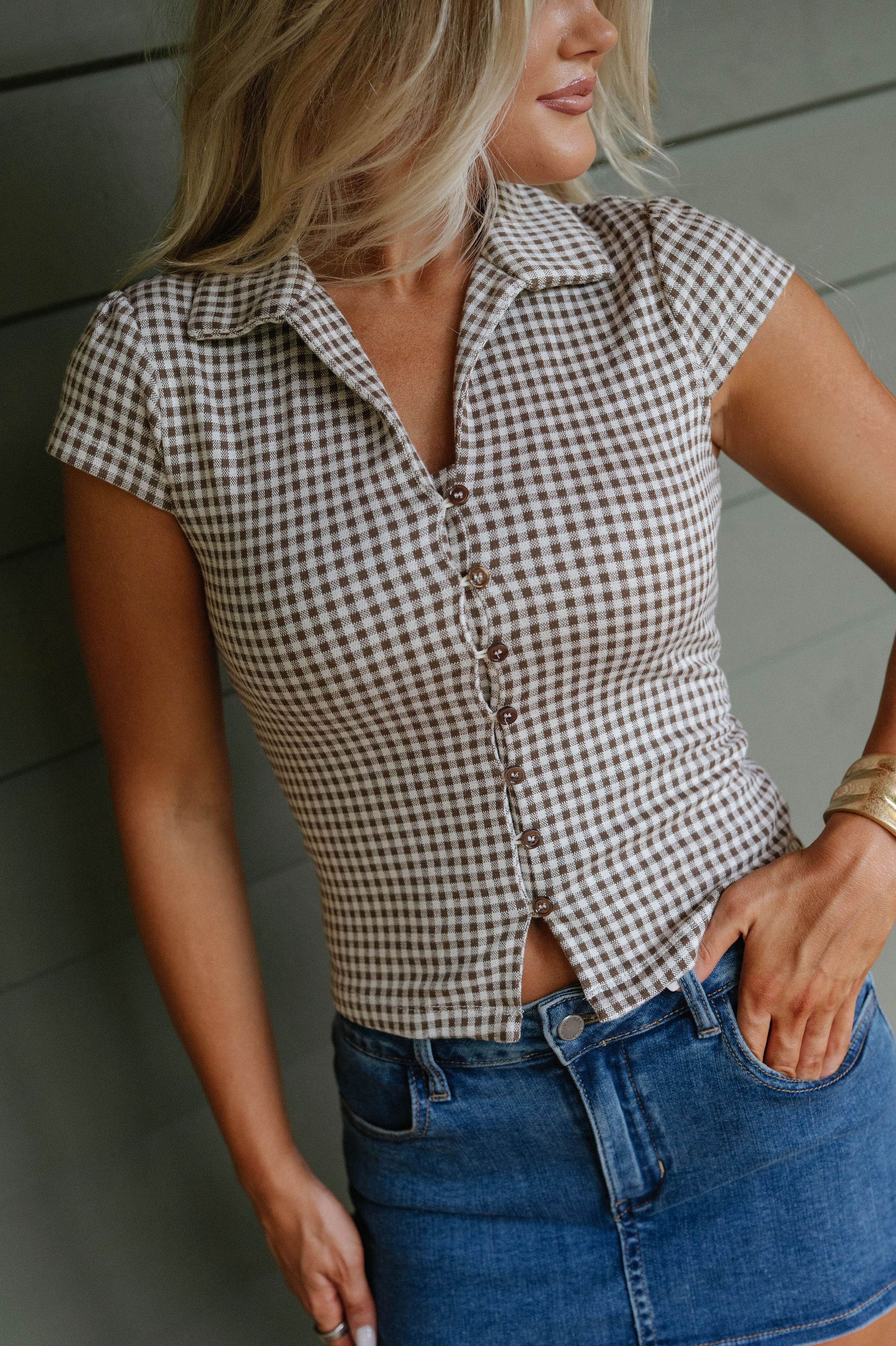 Ollie Gingham Top-Brown
