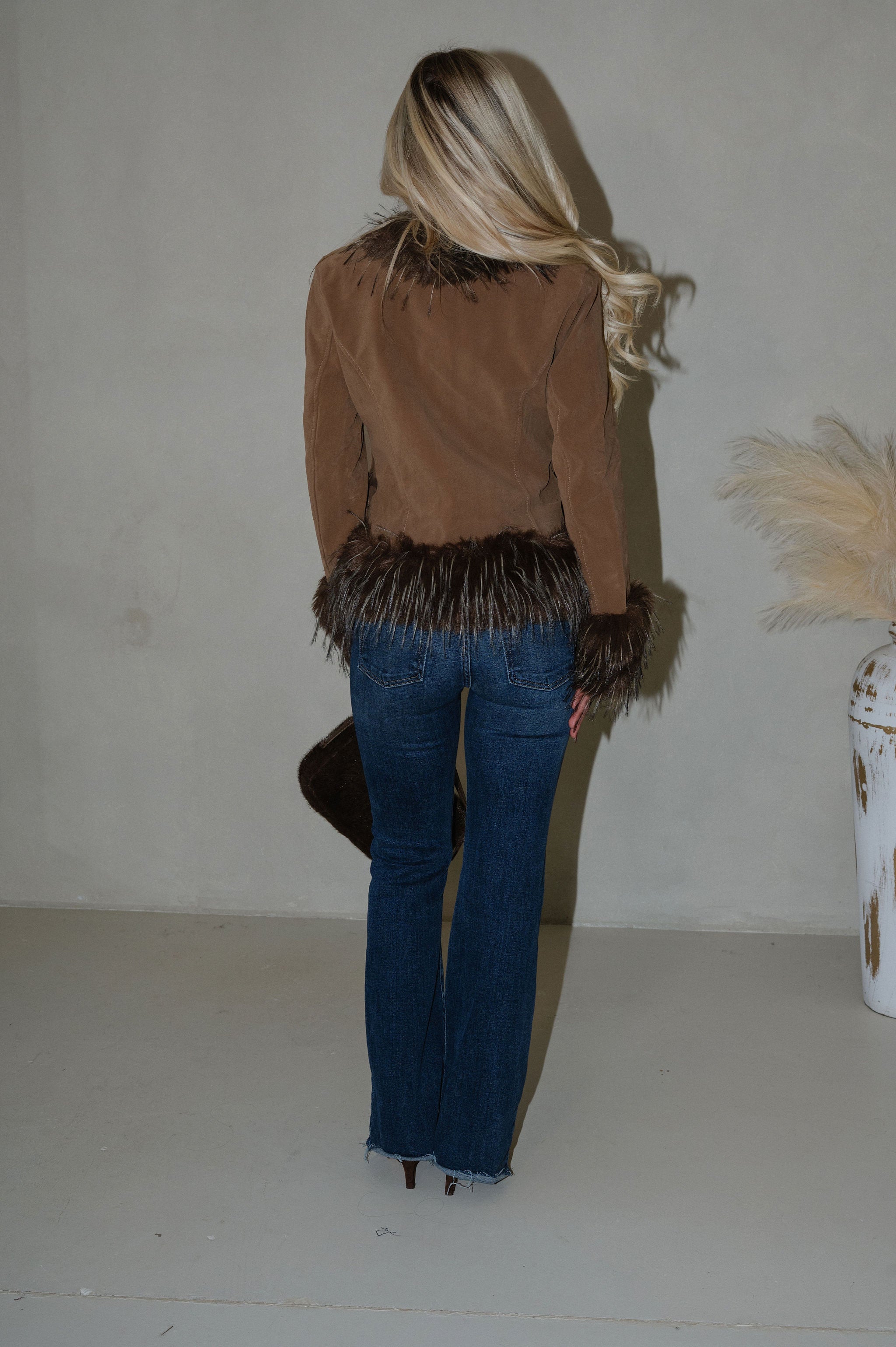 Faux Suede Fur Trim Jacket-Java