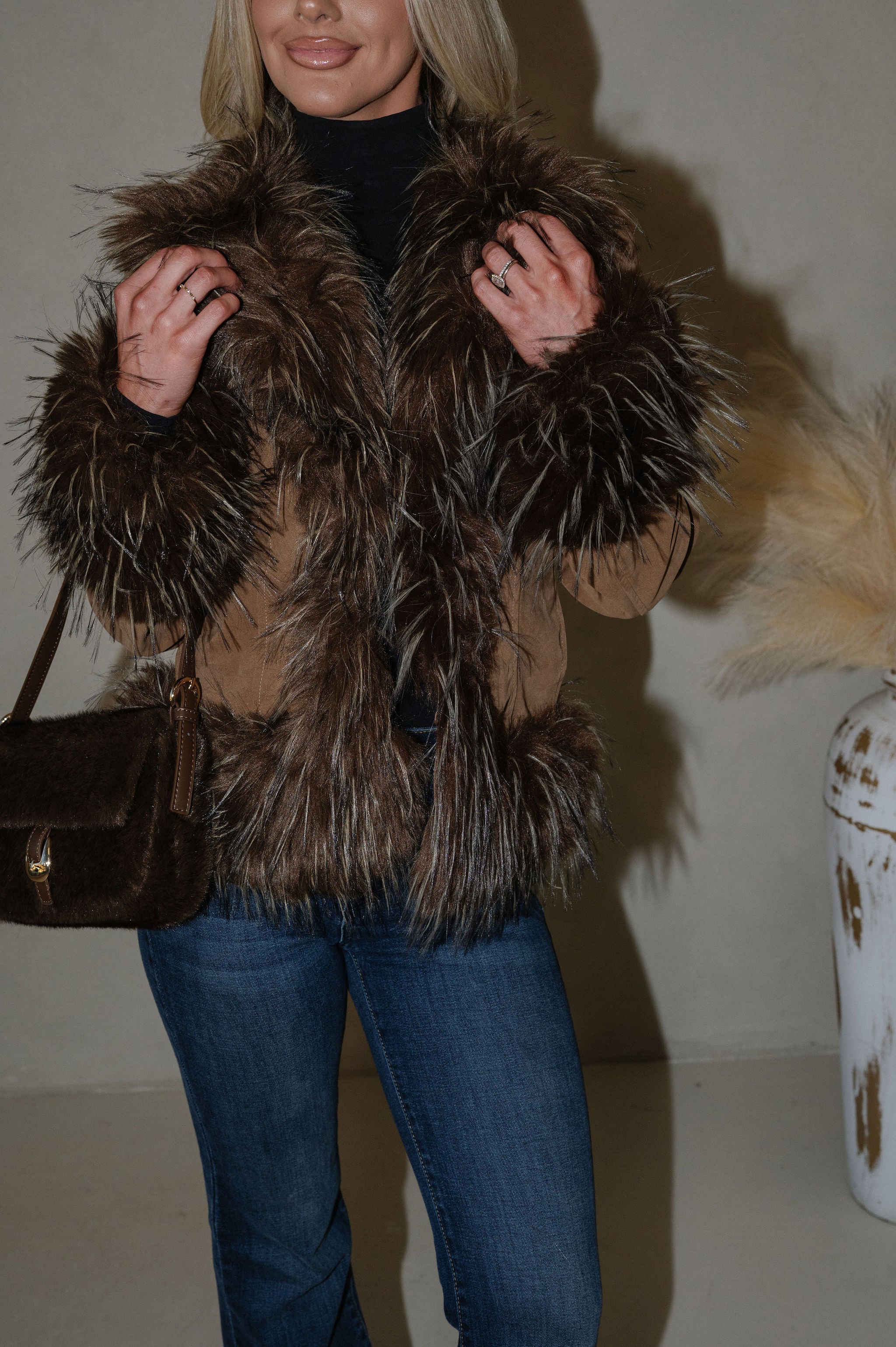 Faux Suede Fur Trim Jacket-Java