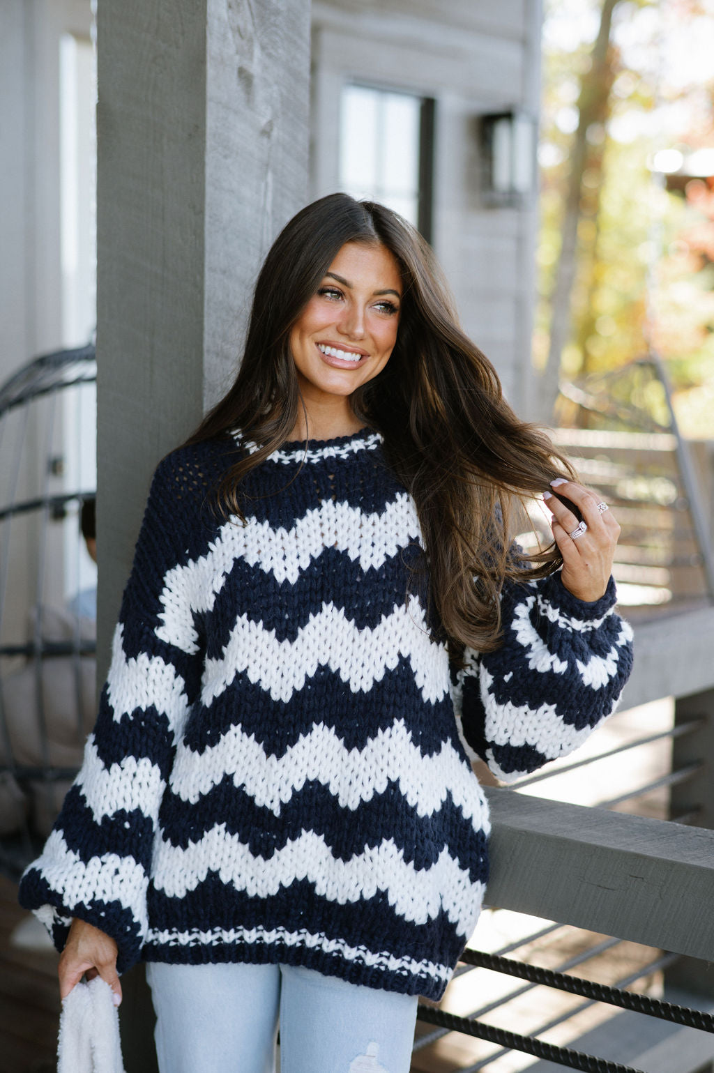 Oversized Chunky Sweater-Navy/Cream