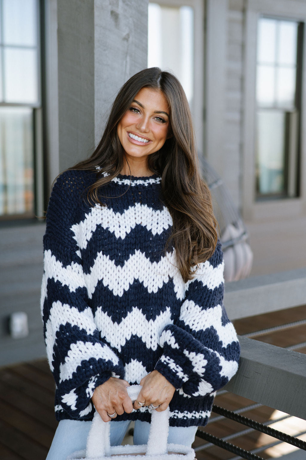 Oversized Chunky Sweater-Navy/Cream