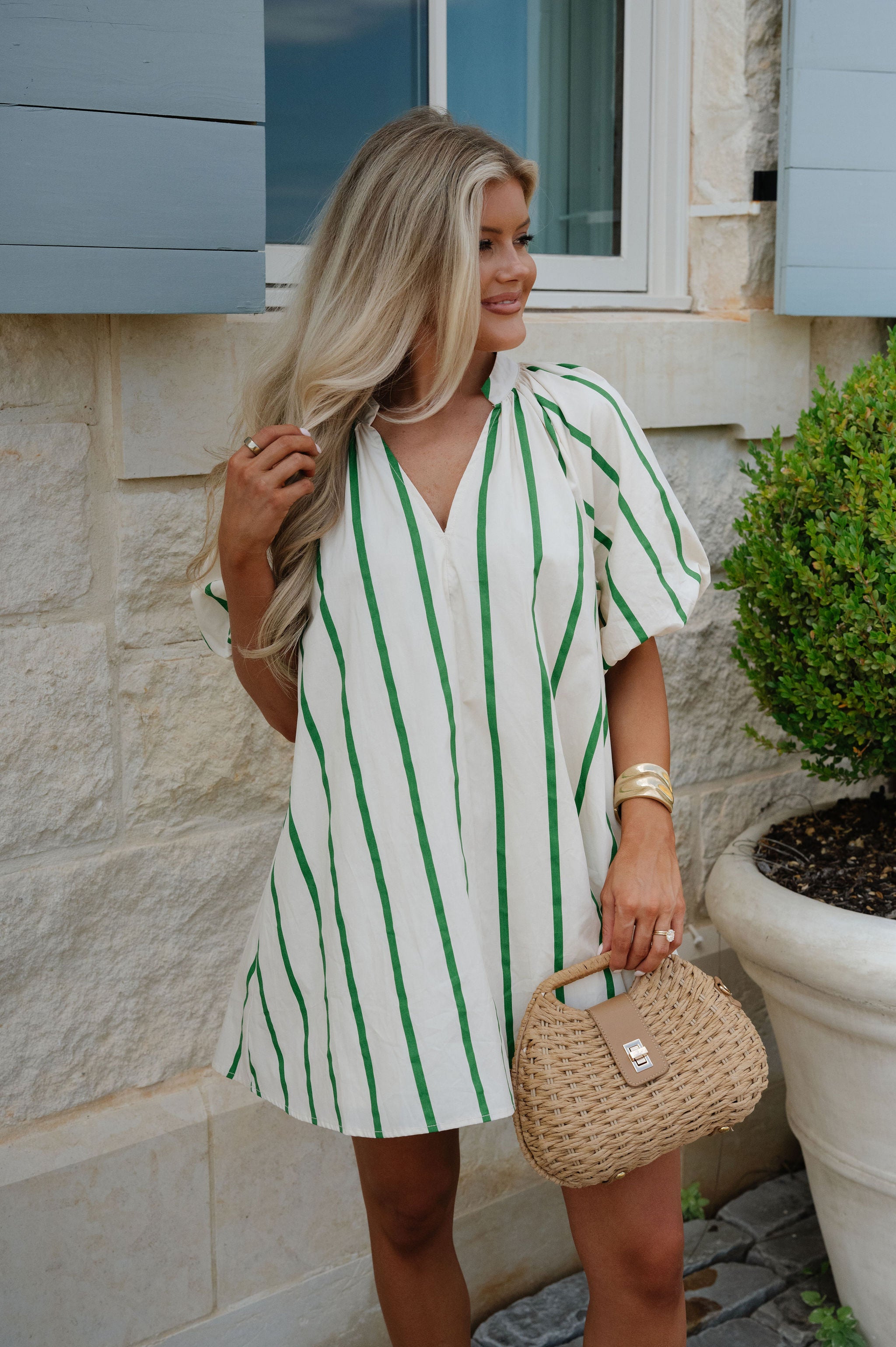 Madison Puff-Sleeve Striped Mini Dress-Kelly Green S Madison Puff-Sleeve Striped Mini Dress-Kelly Green S
