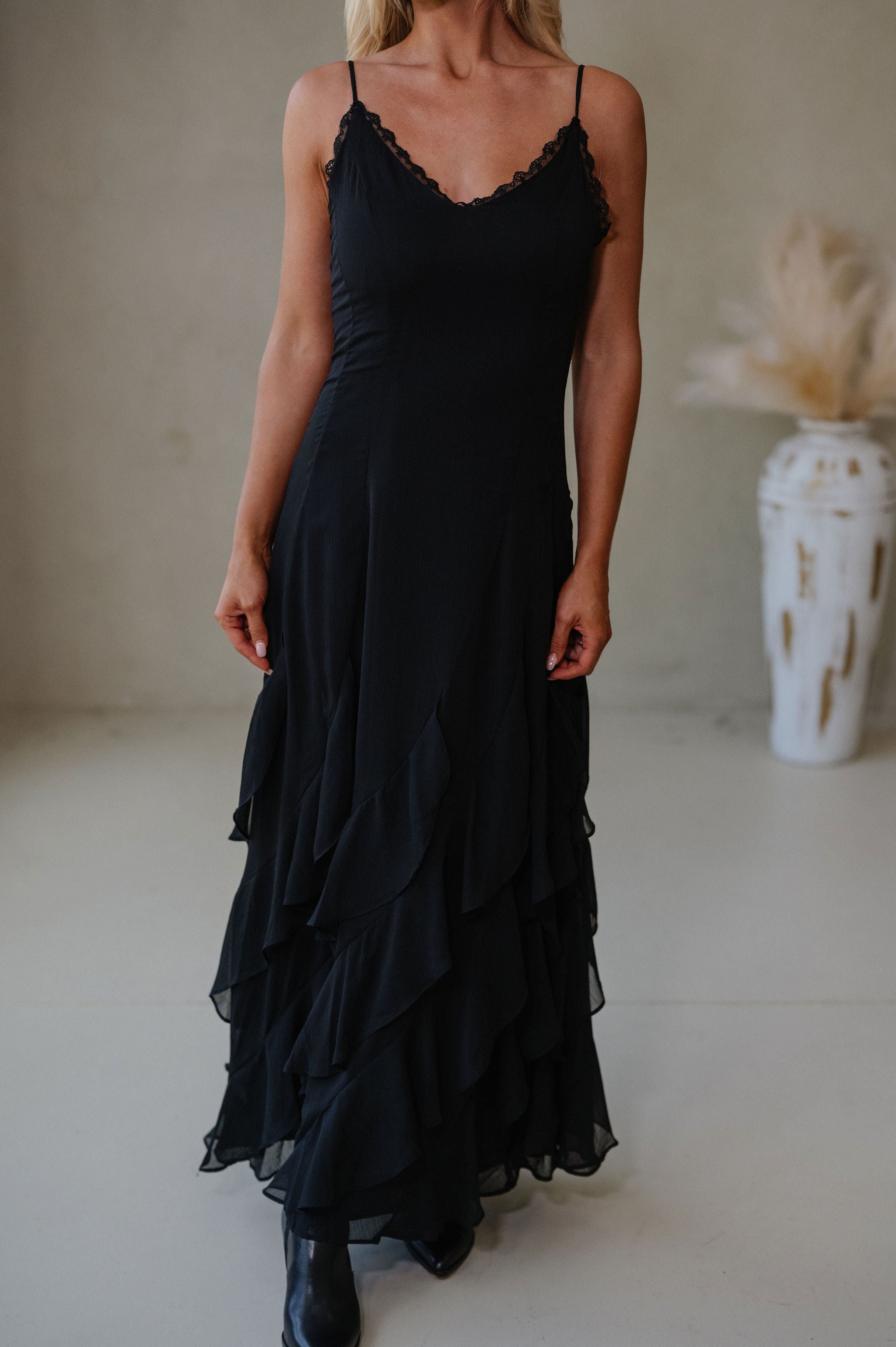 Lace V Neck Ruffled Cami Dress-Black