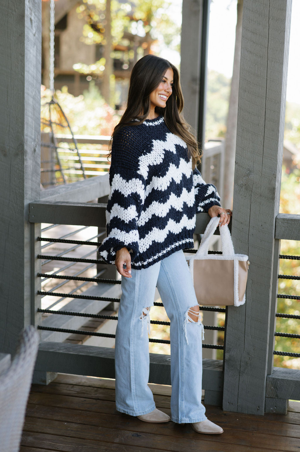 Oversized Chunky Sweater-Navy/Cream