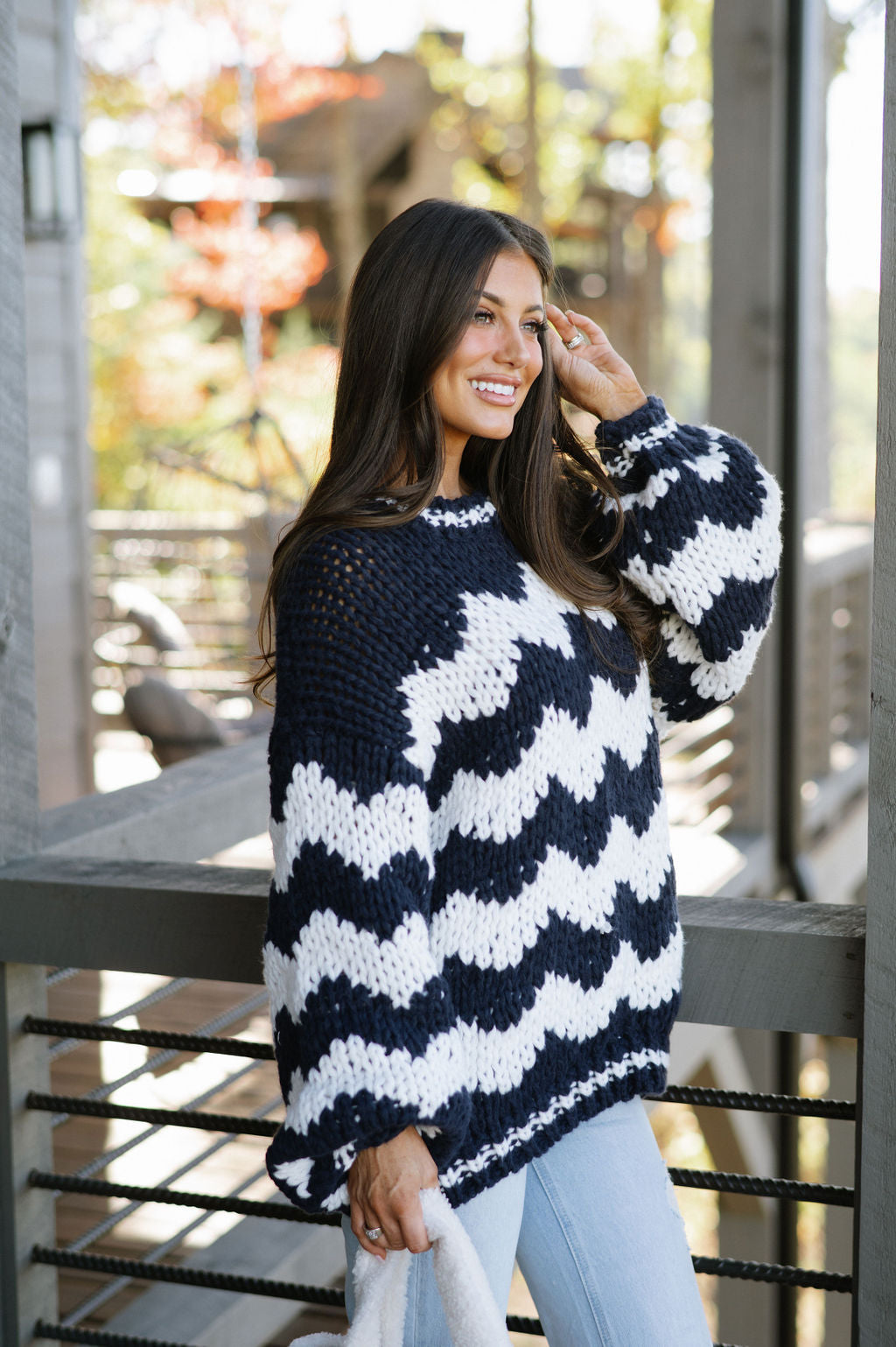 Oversized Chunky Sweater-Navy/Cream