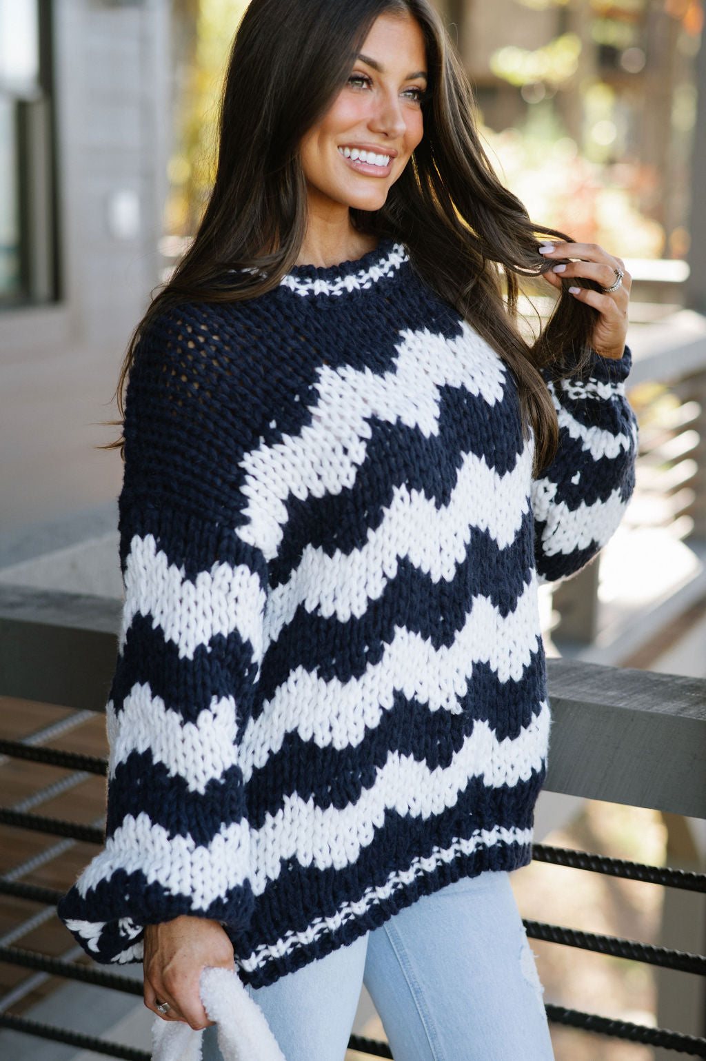 Oversized Chunky Sweater-Navy/Cream