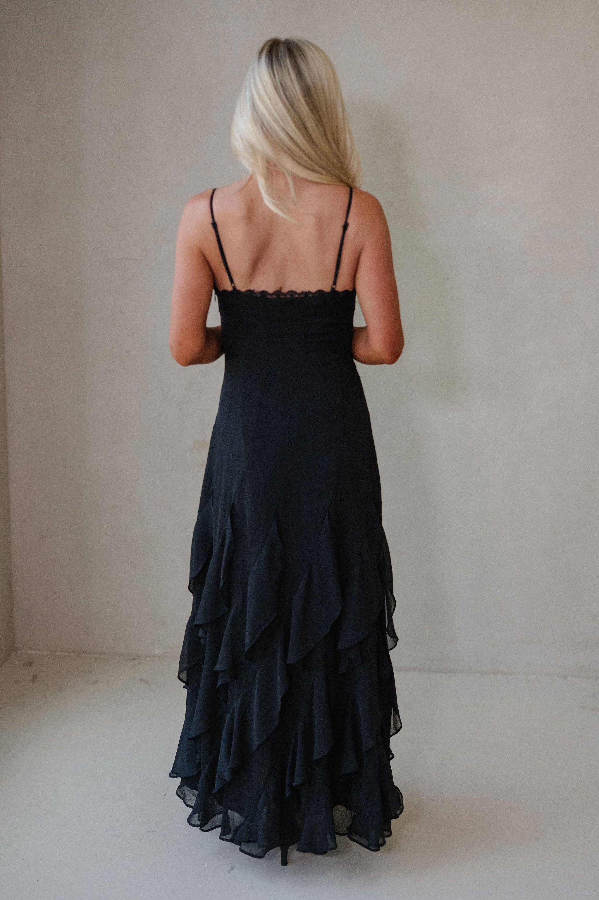 Lace V Neck Ruffled Cami Dress-Black