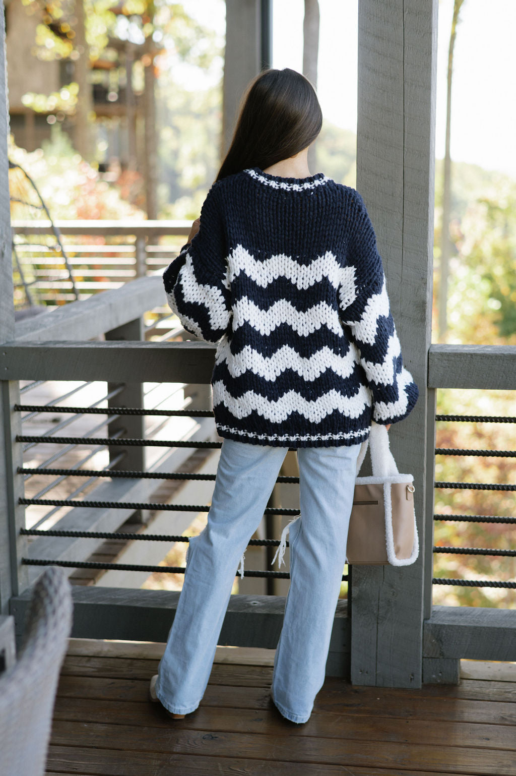 Oversized Chunky Sweater-Navy/Cream