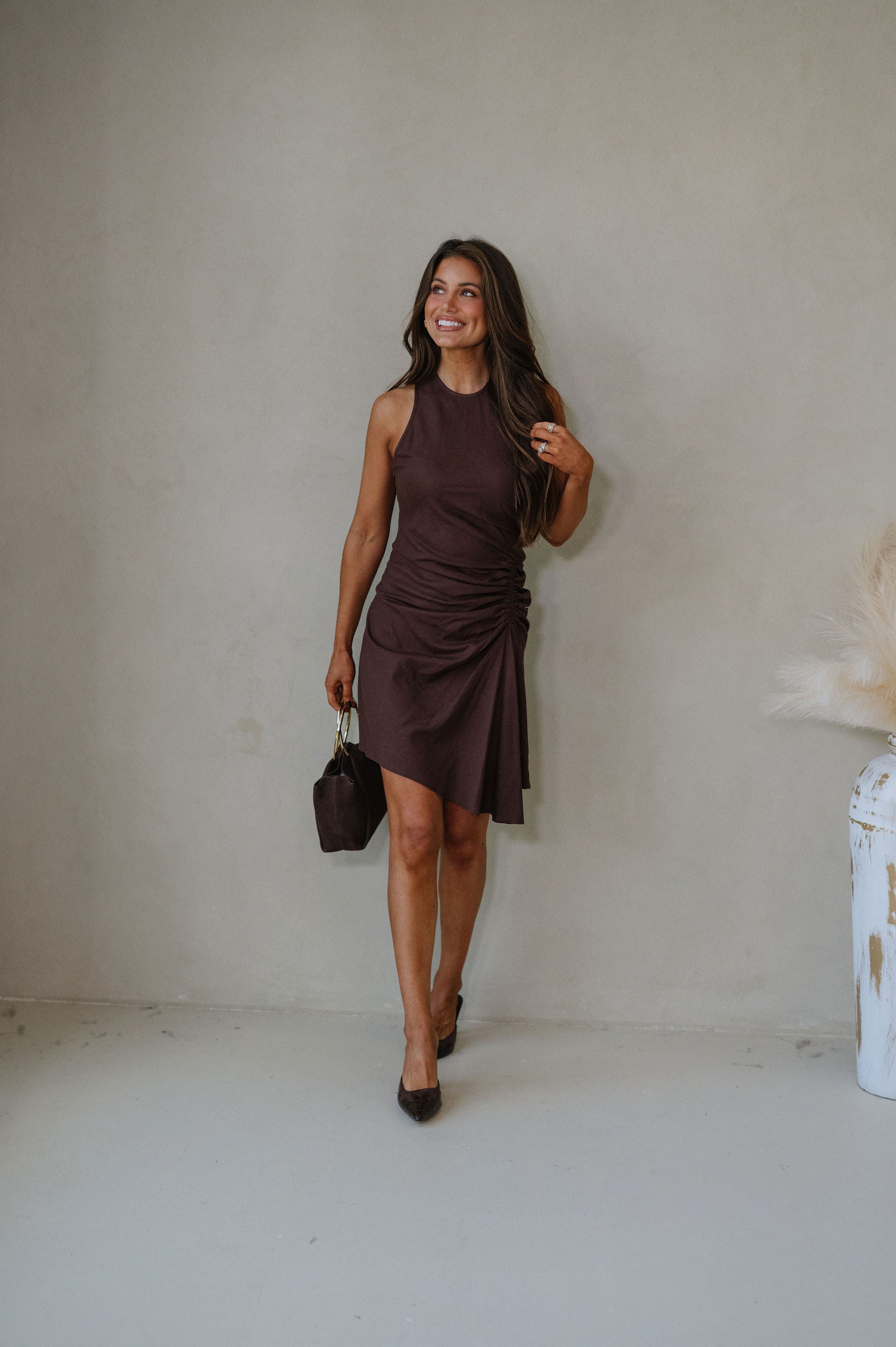 Palmer Ruched Mini Dress-Chocolate