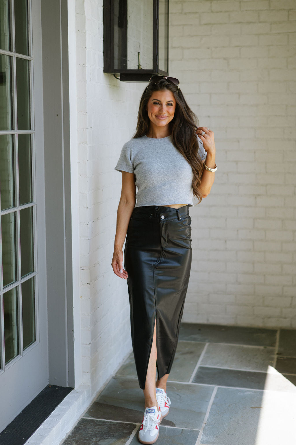 Front Slit Faux Leather Skirt- Black