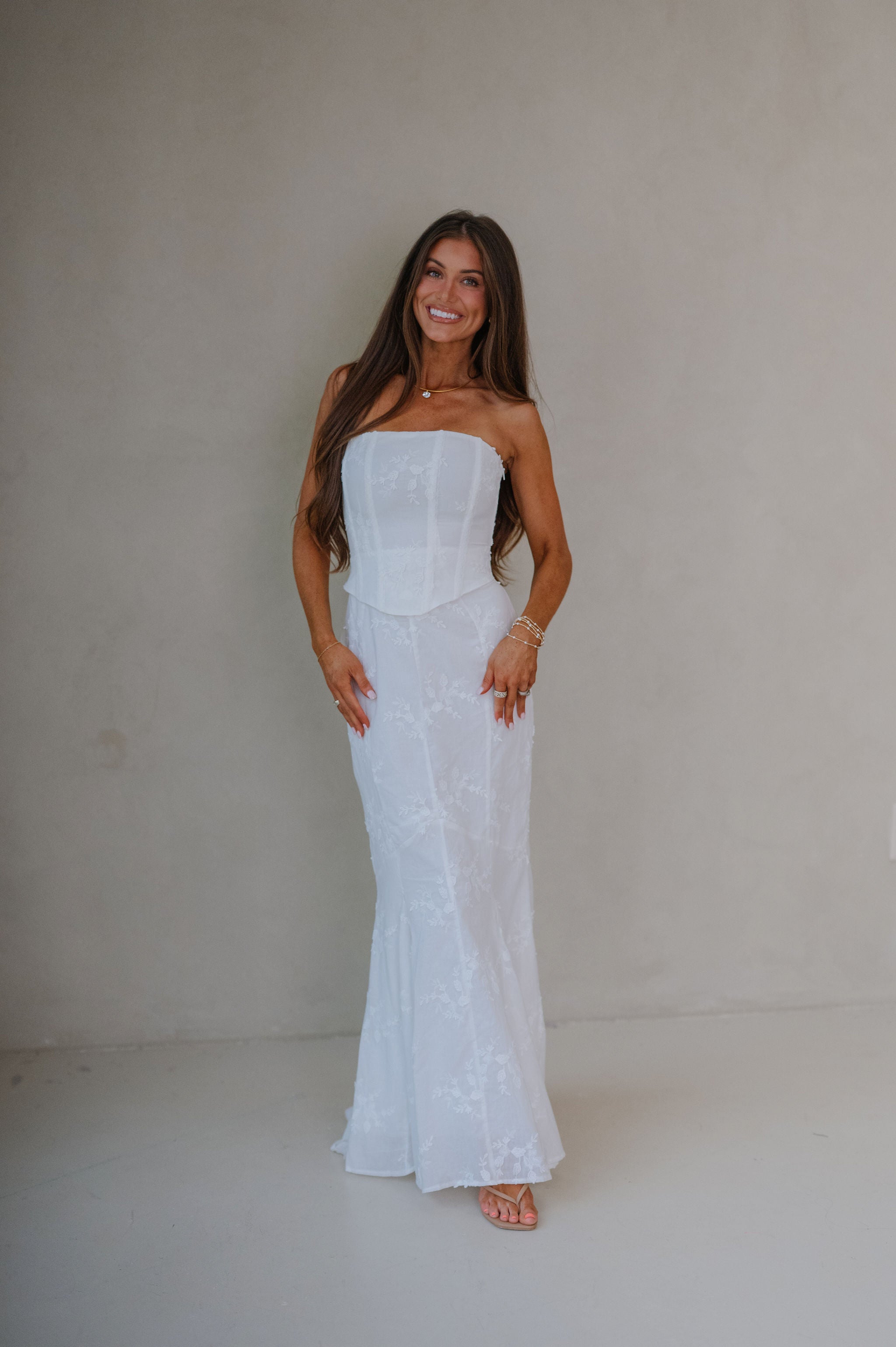 Eyelet Strapless Corset Maxi Dress-Ivory