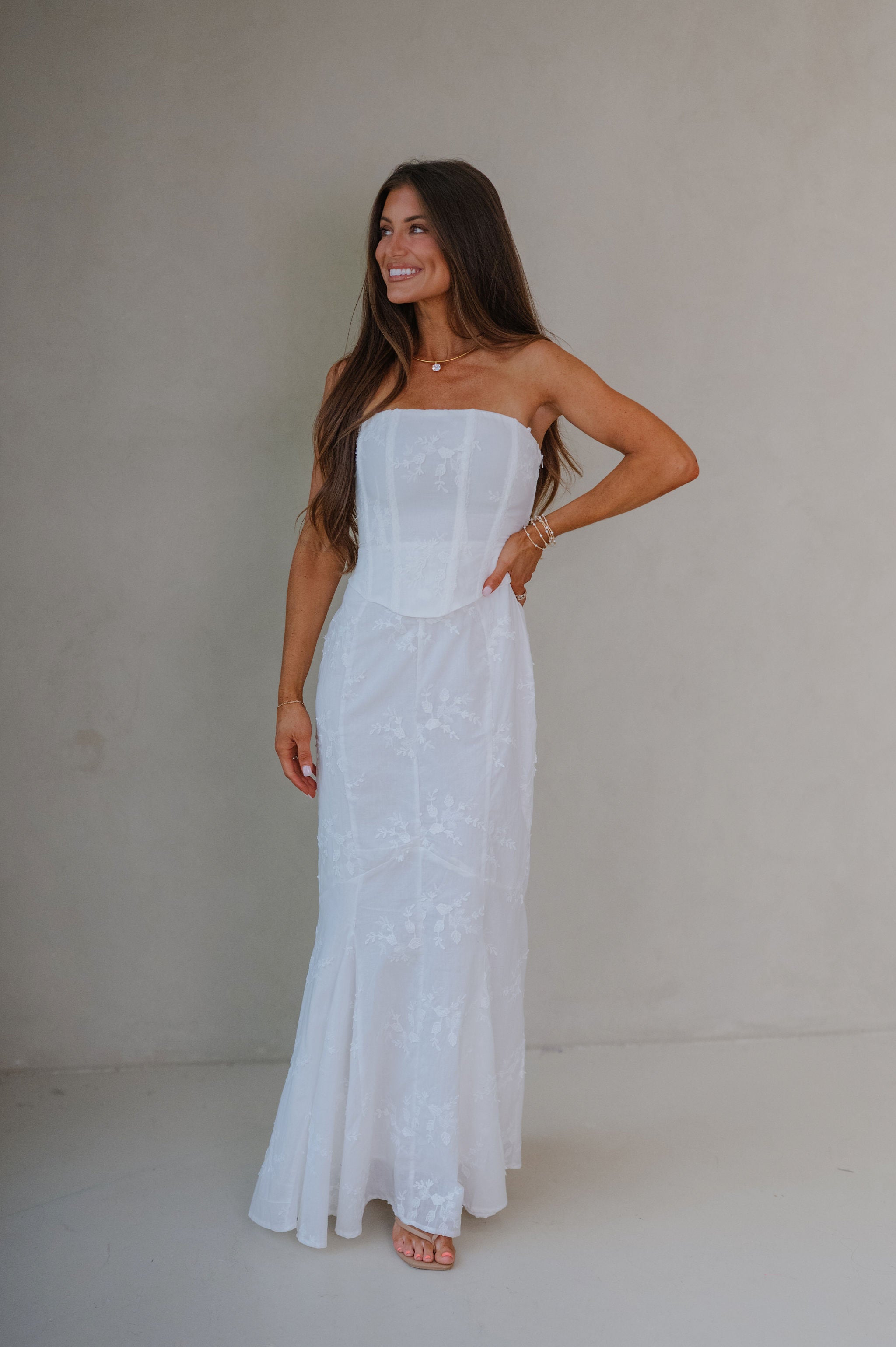Eyelet Strapless Corset Maxi Dress-Ivory