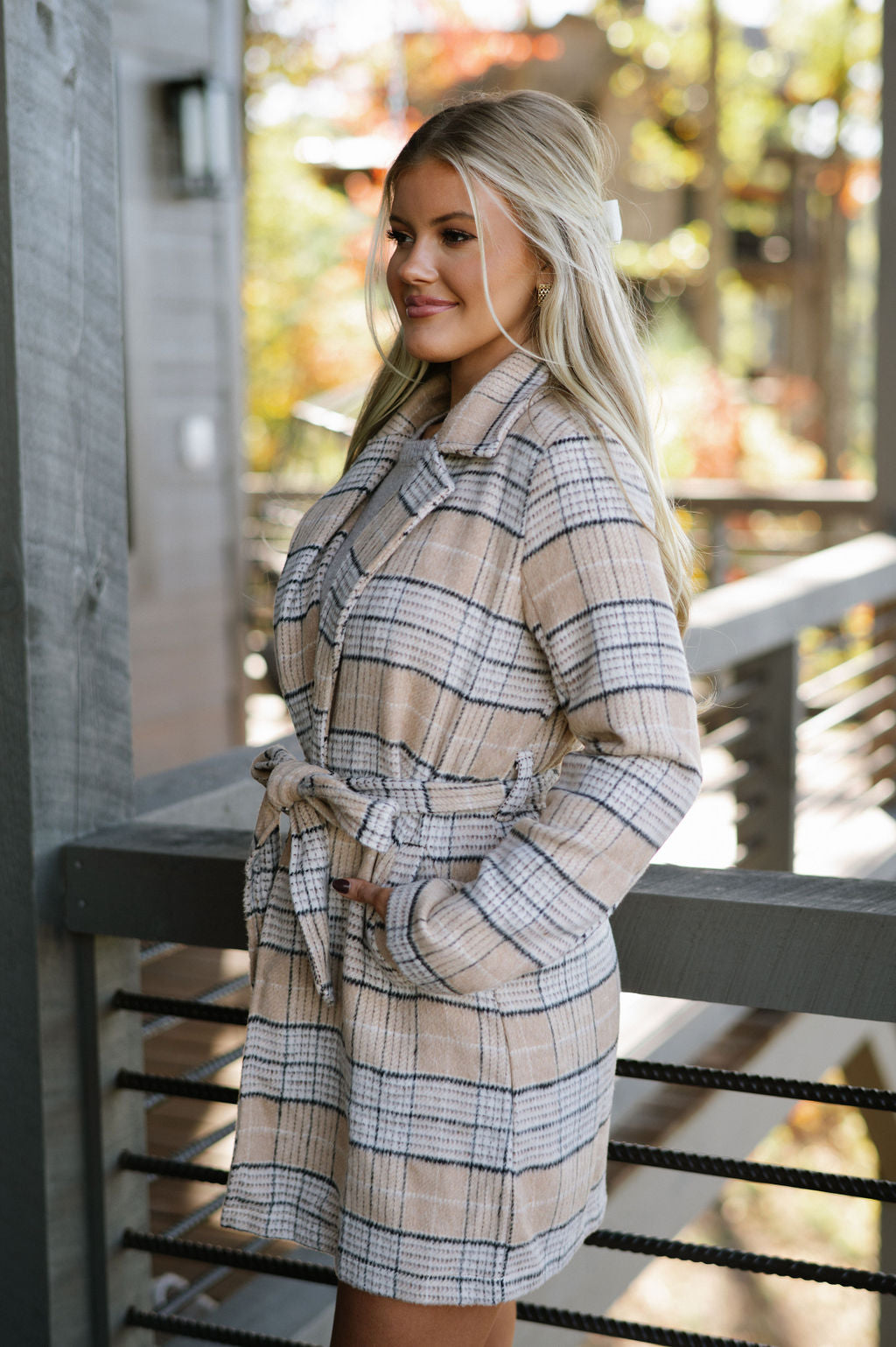 Aspen Front Tie Plaid Coat- Taupe