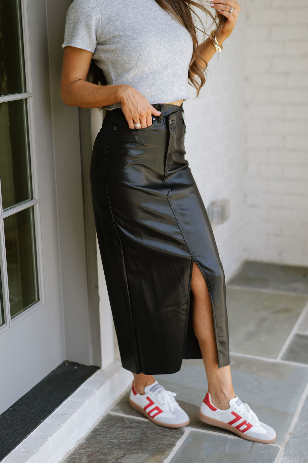 Front Slit Faux Leather Skirt- Black