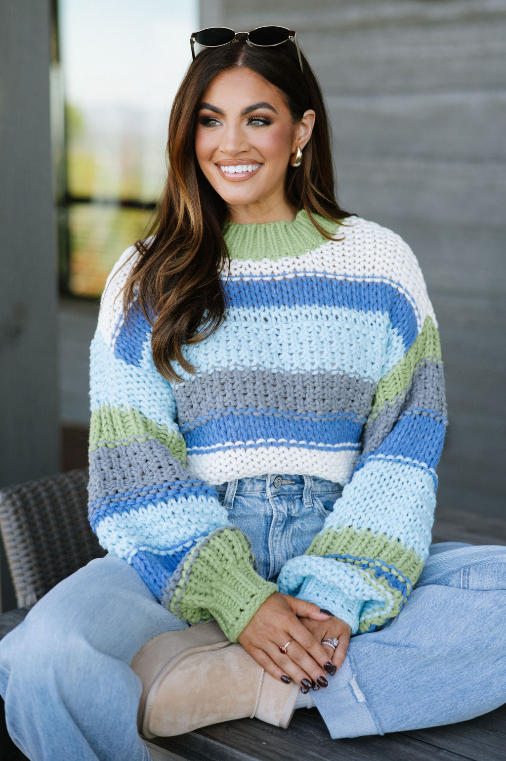 Chunky Knit Striped Sweater-Avo