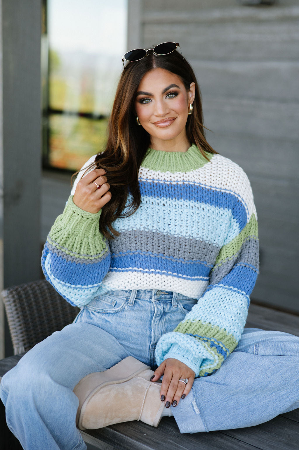 Chunky Knit Striped Sweater-Avo